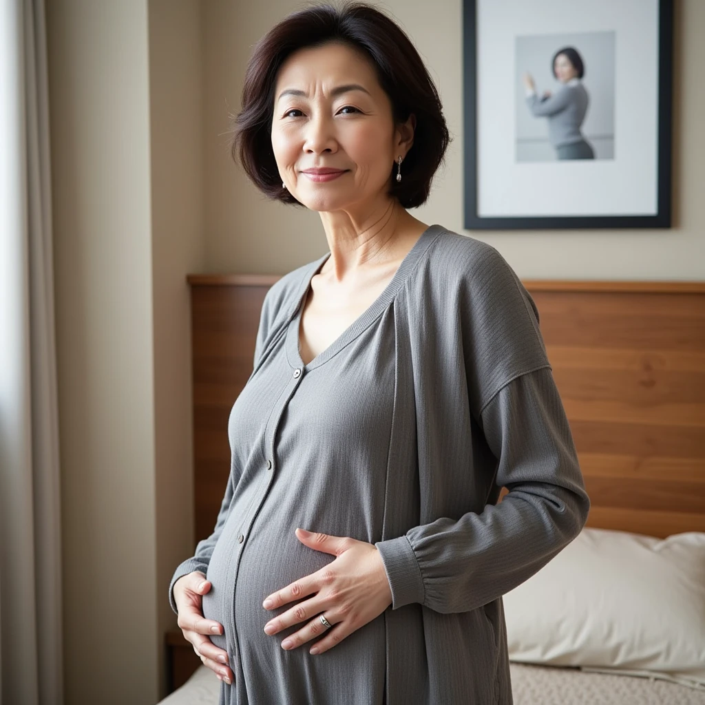 AS-Elderly woman obesity big belly Asian gray hair indoor