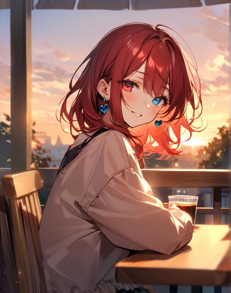 5 year old girl sitting at the dining table，Starry sky purple big eyes，ssmile，Juice on the table，for breakfast，Sunny sea view from the window，Warm and healing，Cute expressions，Roses by the window，The color hair，Red hair cord，shining brightly，Half-blood kawaii，Exotic dream earrings，Clothes national style