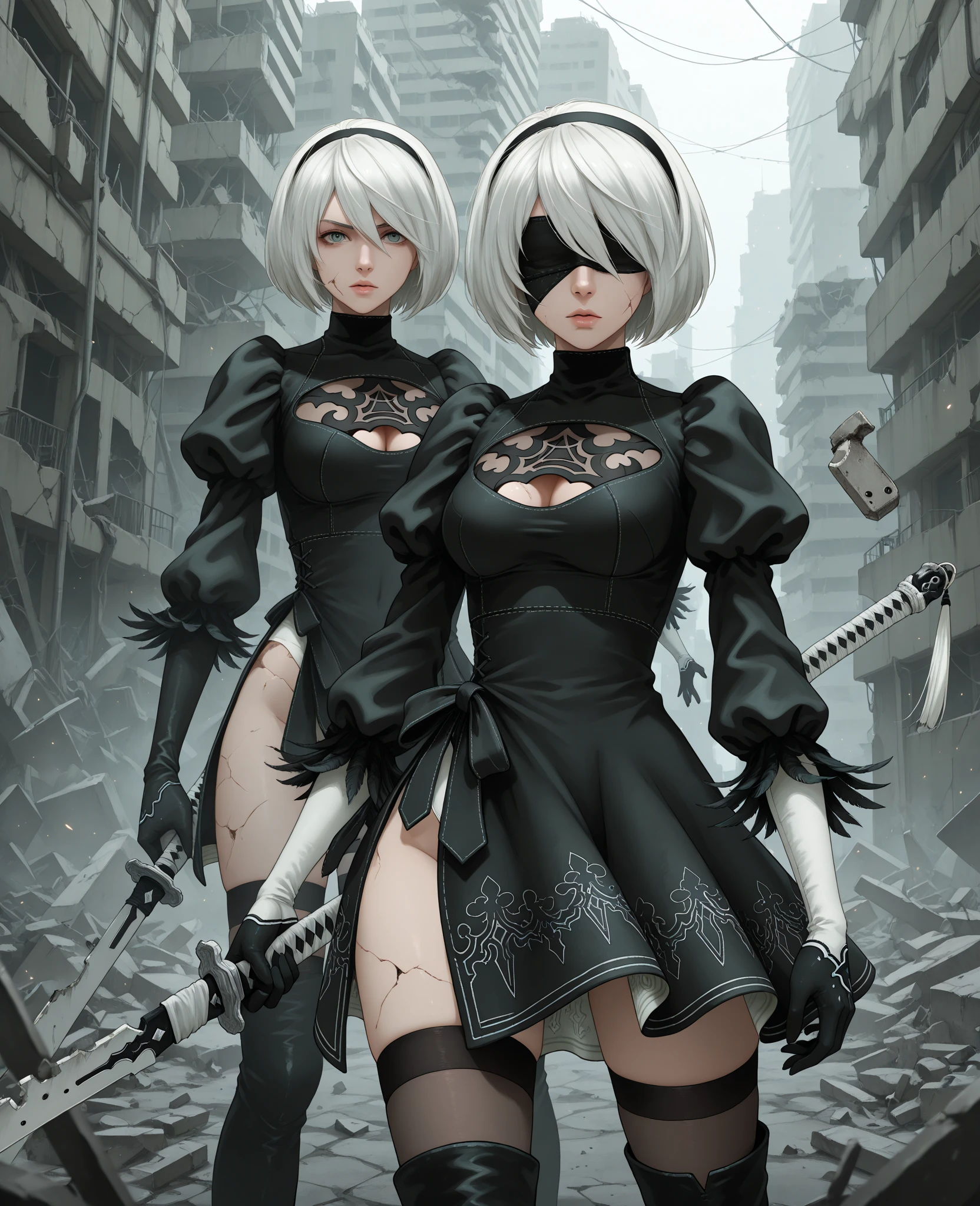 high quality masterpiece, photorealistic anime style, japanese animation shot of an attractive and tiny but rude 2B from Nier Automata video game, sensual atlethic body, firm medium bust, wearing a pleated mini skirt wide thighs, advanced detailed in her feminine and beatiful face features, cabello mojado, ropa sucia, mundo post-apocaliptico
