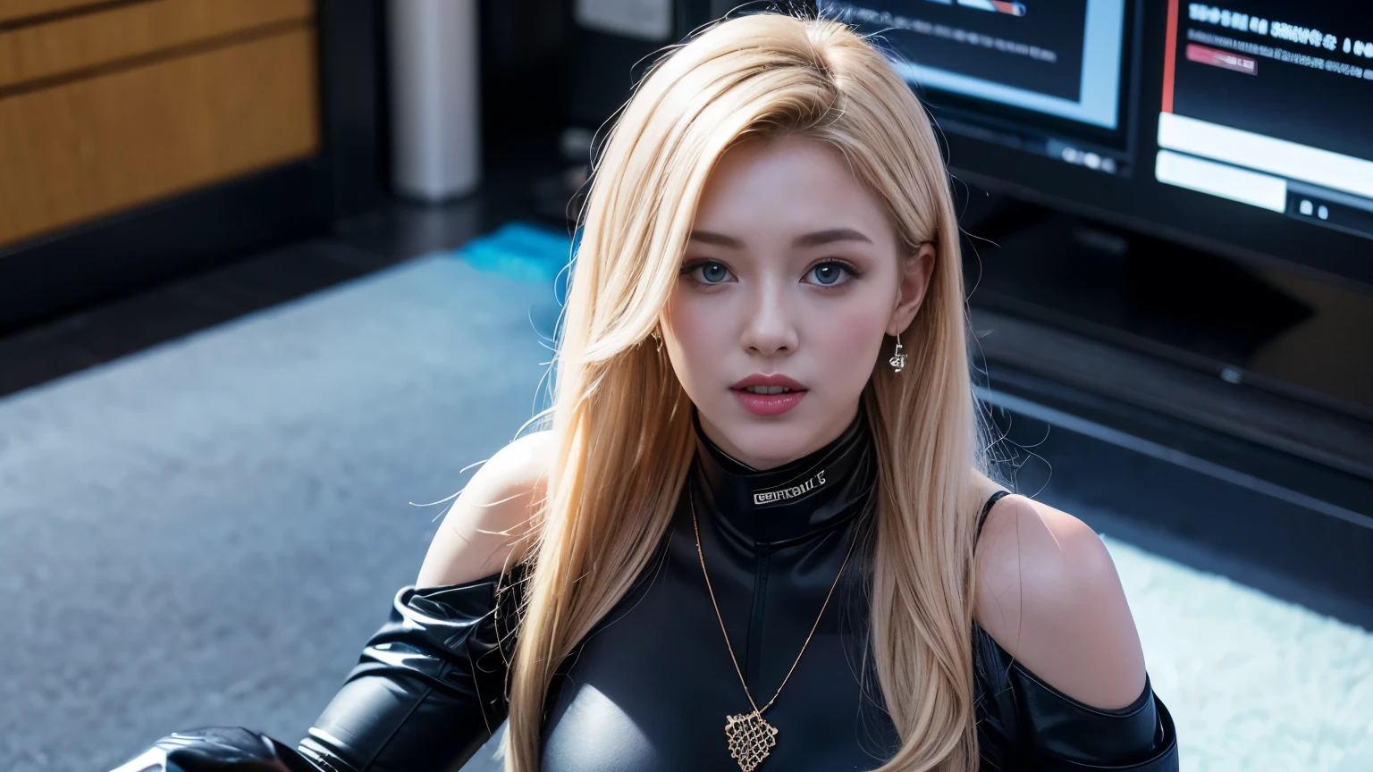 (8K, 4K, Best Quality, Highres, Ultra High Res:1.1), (Masterpiece, Realistic, Photo-Realistic:1.1), 1girl, Face, Close-Up, Twintails, Blonde Hair, Black Eyes, Red Lips, (Looking in Audience: 2), Wearing a trendy football uniform, ridiculously long hair, long eyelashes, eye shadow, small face, big eyes, bare shoulders, high contrast,