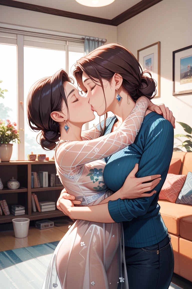 score_9, score_8_up, score_7_up, 1boy, 1girl, mature female, (mother and son), ???, hug, kiss, hand on head, kneeling, in a room