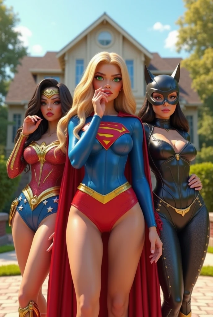 three Afro americanas GIRLS, three BBW GIRLS, three MILF GIRLS, three superheroines GIRLS, Standing in front of the mirror, 18anos de idade, is three BLACK GIRLS, wear supergirl swimsuit sexy, Standing with feathers apart, virilha esposta, Genitalia clivagem, cintura exposta, expor pelos pubiano, supergirl sexy transparente, com decote sexy, veste roupa branca, com pele muito escura, cabelos pretos, His eyes are dark and personalidade sensual e sexy, African, is hurting, seios grandes e cheios, sweating:1.2), (Wet), sexy, (Tentador Adulto) (Seductive dynamic pose) (seios pendurados), (clivagem profunda). seios muito grandes e flacidos, Sagging Tits, sagging breast. She is a very sexy, super sexy. best quality, Realistic photo, photo corpo inteiro, a lot of sweating, muito suada,