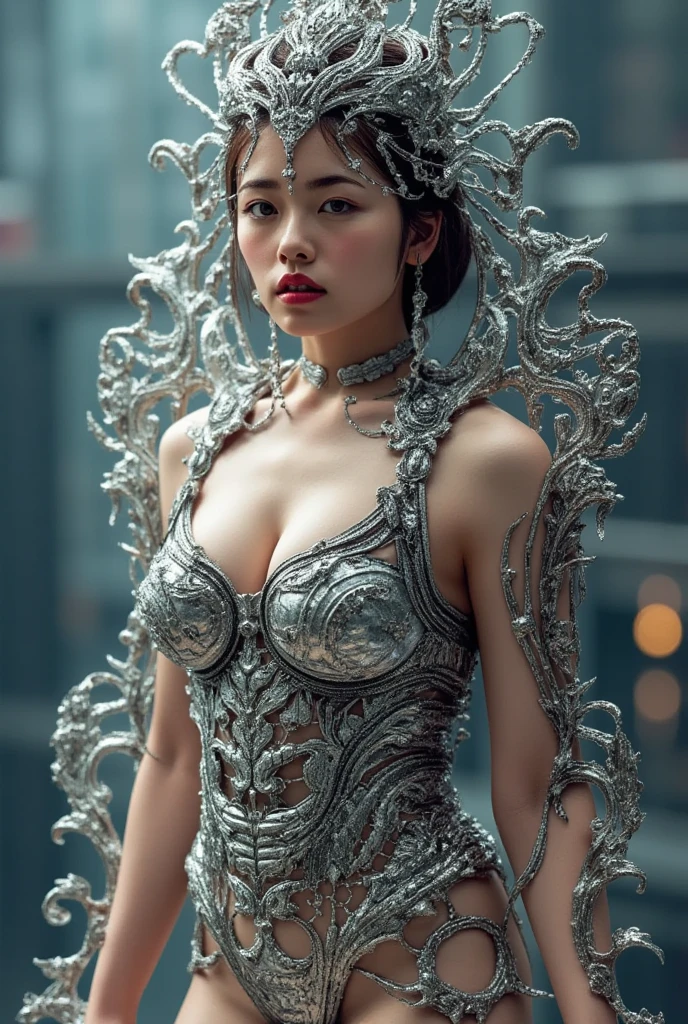a woman in a dress made of metal spirals with a large hat made of a metal spiral  