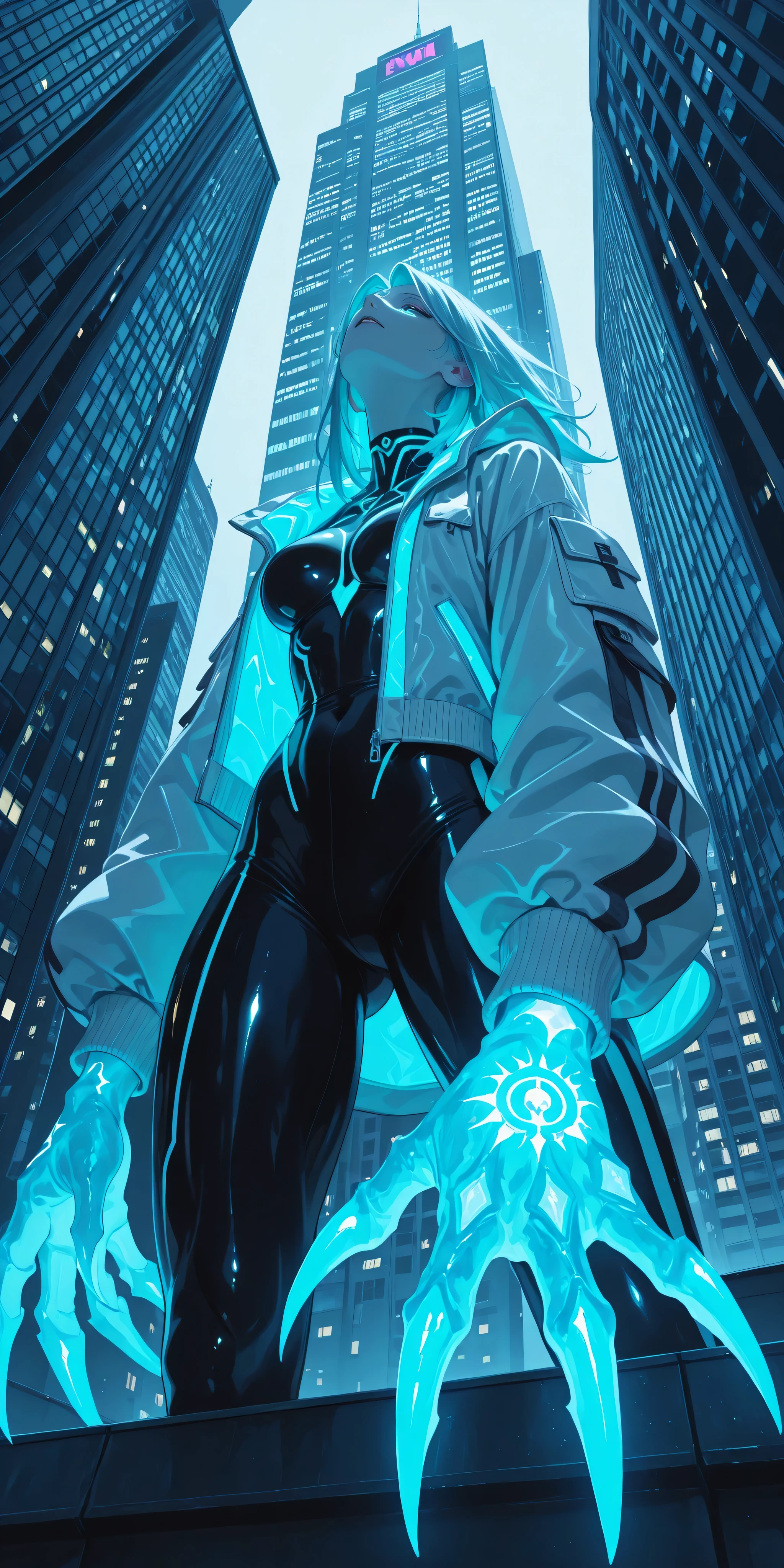 Girl, light jacket, neon, adamantine claw, glowing claw, view from below, on top of building, facing up, tight, thicc