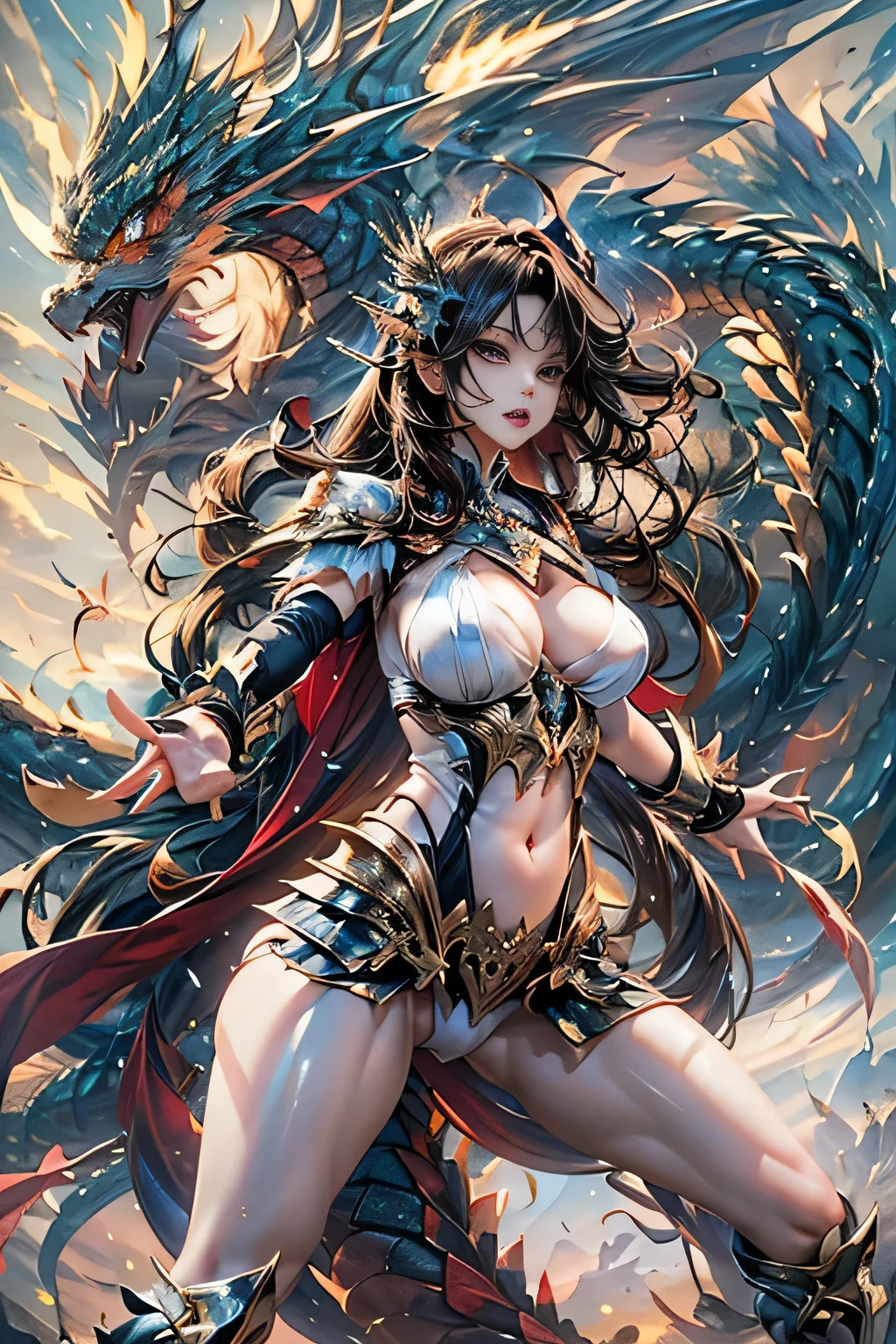 (A muscular and monstrous barbarian girl wielding a massive sword, adorned with intricate tattoes, and baring sharp teeth) + dynamic pose + intricate details + joyfully laughing, with her dragon as a pet, (big_body:1.5),(dark_skin:1),(intricate_detail:1),(complex_background:1.1), jungle background, short hair, (tattoos:0.5), (intricate:1.5), spread_legs