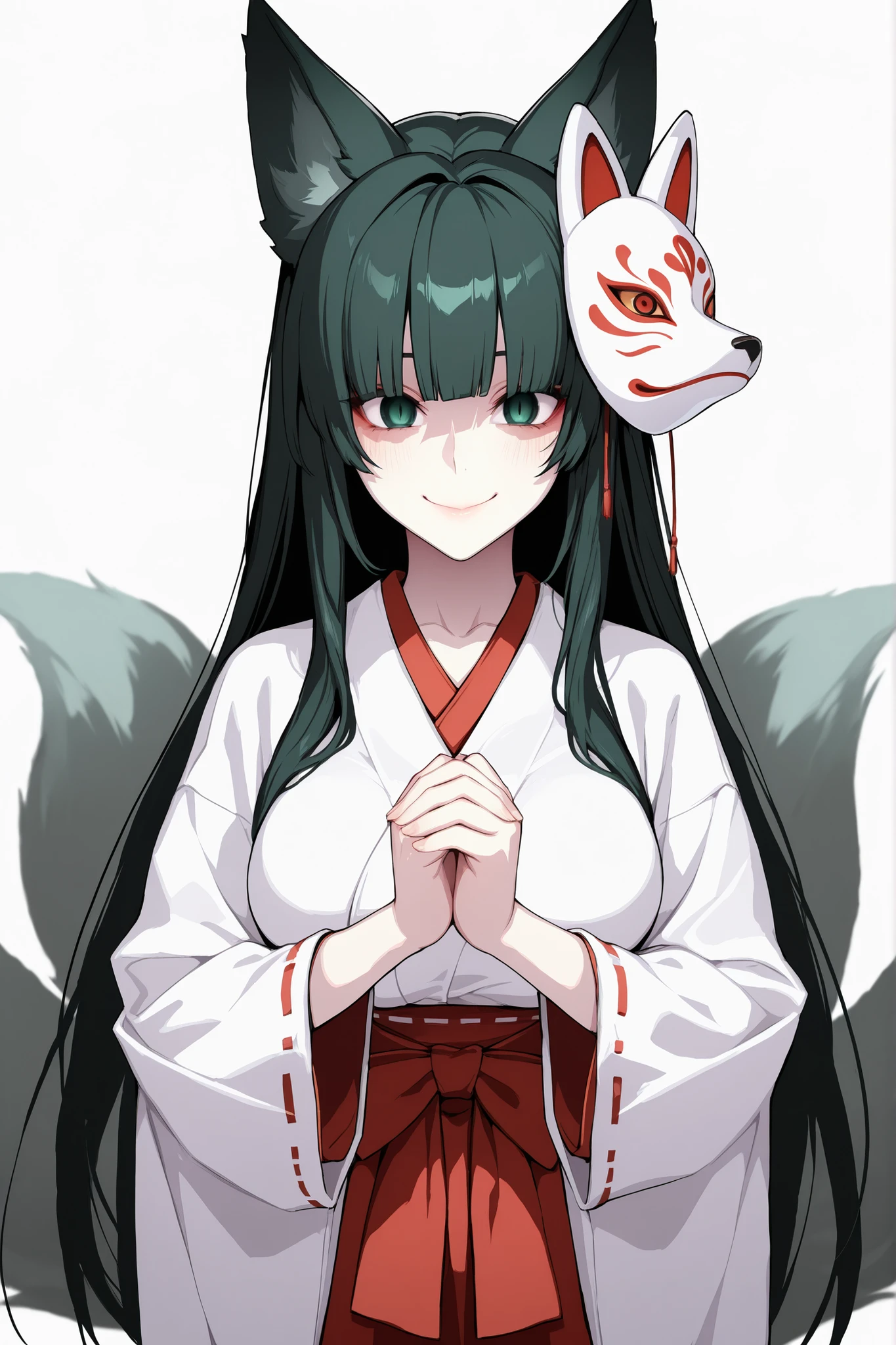 absurdres, (((Ultra HD))), (((Ultra High Quality))), ((hyper detailed)), ((Ultra High Resolution)), (Highly rendered), ((detailed eyes)), (((8K))), ((perfect face)), ((masterpiece)), cinematic, darkened, solo, 1girl, young, thin, Kitsune, fox tail, fox ears, face hidden, dark green hair, long hair, blunt bangs, straight hair, smile, medium breasts, miko, shrine maiden, Kitsune mask, kimono, wide sleeves, red hakama, white background, standing, hands together, praying