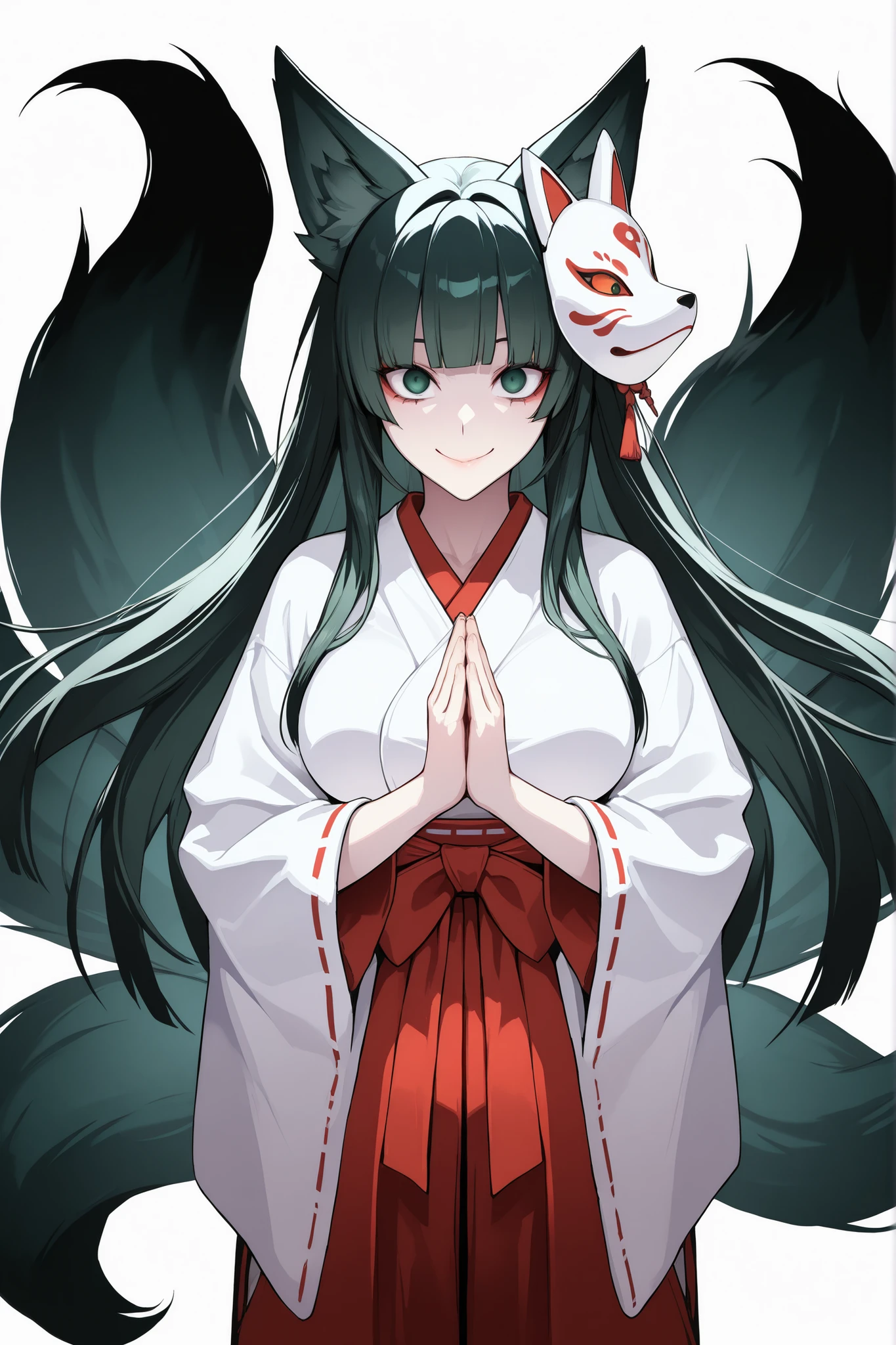 absurdres, (((Ultra HD))), (((Ultra High Quality))), ((hyper detailed)), ((Ultra High Resolution)), (Highly rendered), ((detailed eyes)), (((8K))), ((perfect face)), ((masterpiece)), cinematic, darkened, solo, 1girl, young, thin, Kitsune, fox tail, fox ears, face hidden, dark green hair, long hair, blunt bangs, straight hair, smile, medium breasts, miko, shrine maiden, Kitsune mask, kimono, wide sleeves, red hakama, white background, standing, hands together, praying