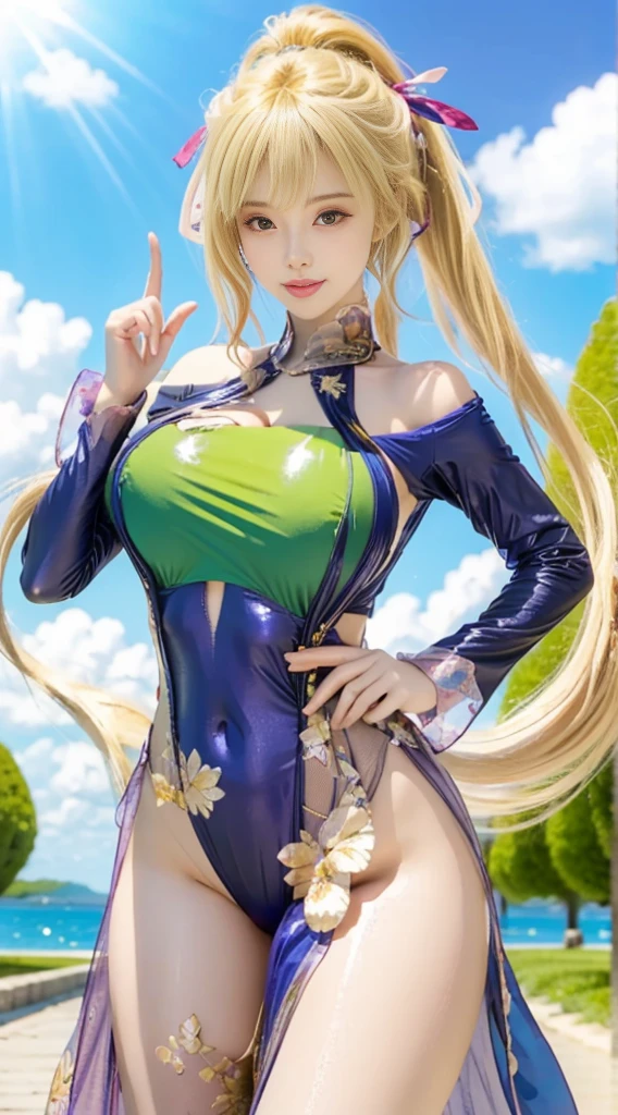 green micro bikini,multiple views,low-rise, cute girl,cute gal,happy,urban gal,blonde massy hair,earrings,night city,green tattoo ,dramatic angle,Realistic anime , laughing,steel green eyes,windy