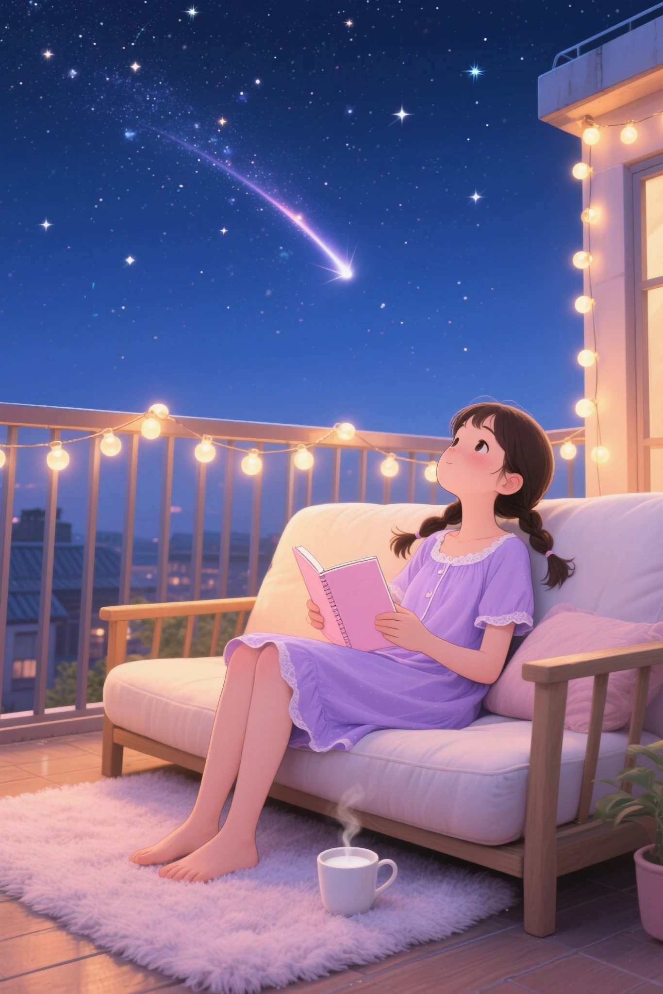 A girl with pigtails，Wearing a lavender nightgown，Curled up on the lazy sofa on the roof terrace，Holding a light pink notebook，Looking up at the starry sky。A warm string of lights is hung on the terrace，A soft plush carpet is laid under her feet，A cup of steaming milk is placed next to her，The deep blue night sky is full of twinkling stars，Shooting stars streaked across the sky，The scene is dreamy and warm。