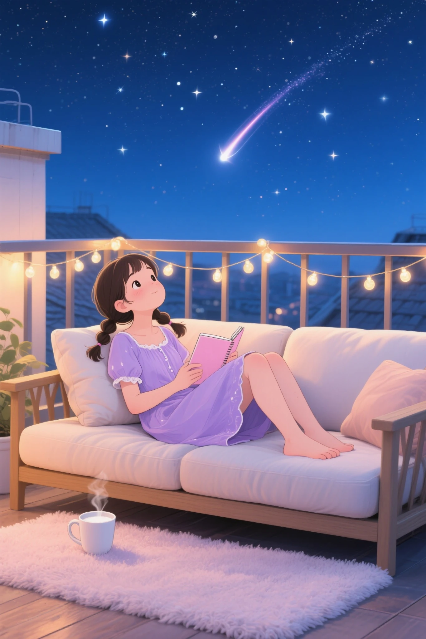 A girl with pigtails，Wearing a lavender nightgown，Curled up on the lazy sofa on the roof terrace，Holding a light pink notebook，Looking up at the starry sky。A warm string of lights is hung on the terrace，A soft plush carpet is laid under her feet，A cup of steaming milk is placed next to her，The deep blue night sky is full of twinkling stars，Shooting stars streaked across the sky，The scene is dreamy and warm。
