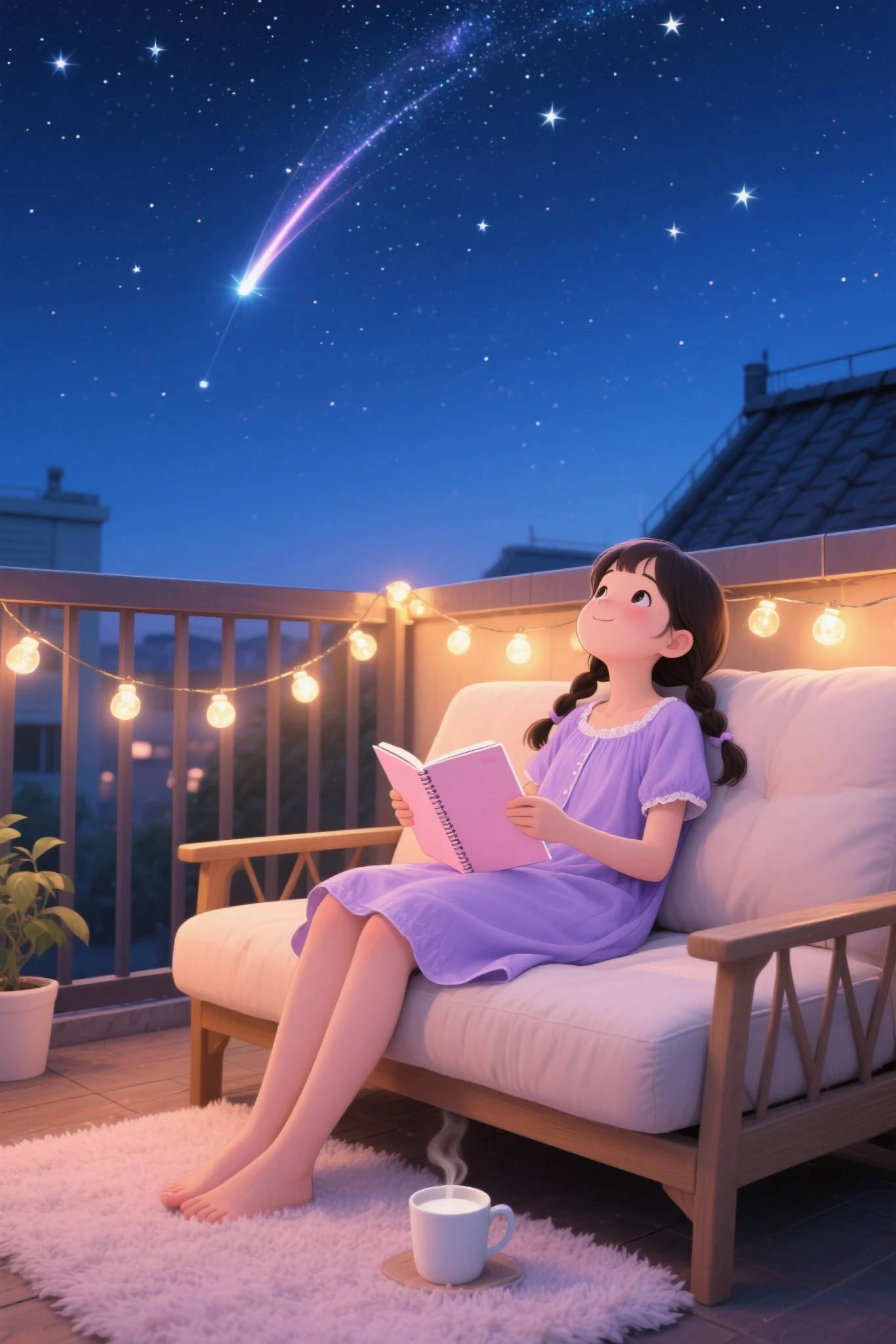 A girl with pigtails，Wearing a lavender nightgown，Curled up on the lazy sofa on the roof terrace，Holding a light pink notebook，Looking up at the starry sky。A warm string of lights is hung on the terrace，A soft plush carpet is laid under her feet，A cup of steaming milk is placed next to her，The deep blue night sky is full of twinkling stars，Shooting stars streaked across the sky，The scene is dreamy and warm。