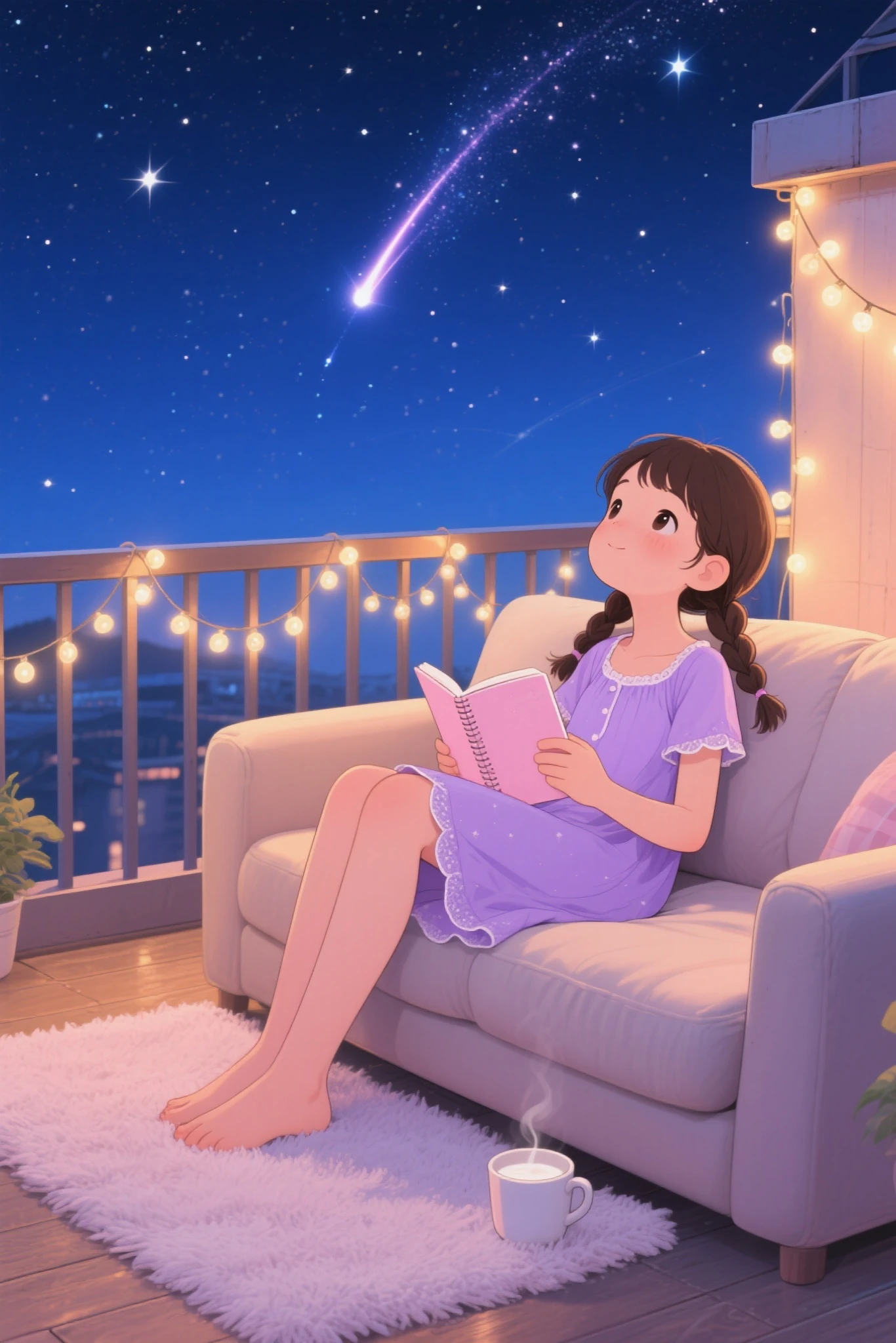 A girl with pigtails，Wearing a lavender nightgown，Curled up on the lazy sofa on the roof terrace，Holding a light pink notebook，Looking up at the starry sky。A warm string of lights is hung on the terrace，A soft plush carpet is laid under her feet，A cup of steaming milk is placed next to her，The deep blue night sky is full of twinkling stars，Shooting stars streaked across the sky，The scene is dreamy and warm。