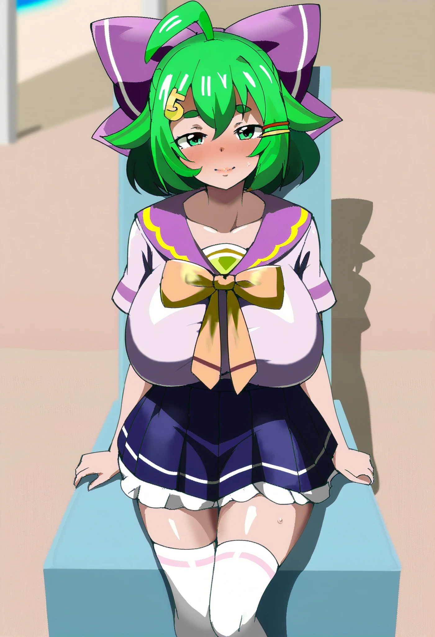 kuroda kazuya, score_7_up, source_anime, very aesthetic, absurdres, rating explicit, 1girl, solo, looking at viewer, blush, cowboy shot, large breasts, blue eyes, blue panties, cape, detached sleeves, dress, green hair, panties, panty pull, short dress, striped panties