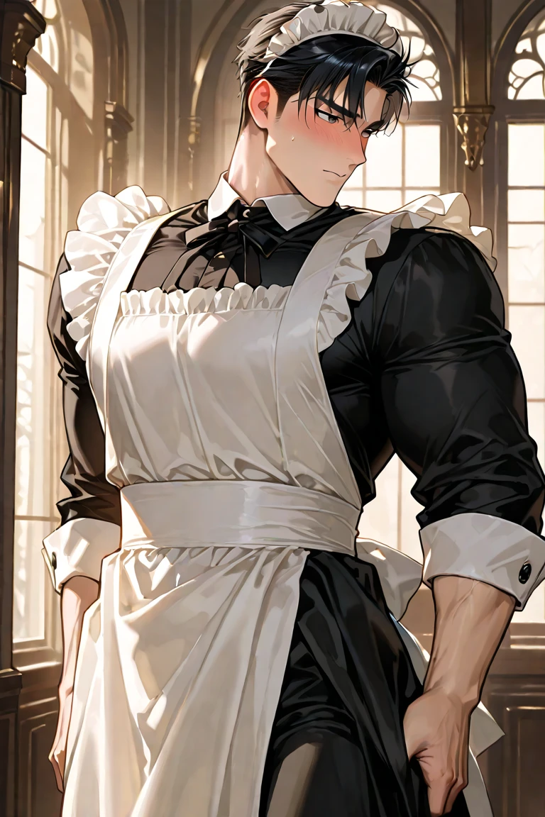 best quality, masterpiece, final fantasy 8, cosplay, squall leonhart, seifer almasy, medieval black and white maid outfit, blue hair, sexy, gay, homoerotic, big bulge, visible penis line, best view, perfect fingers, sweaty bodies, no watermark, no logo, no signature