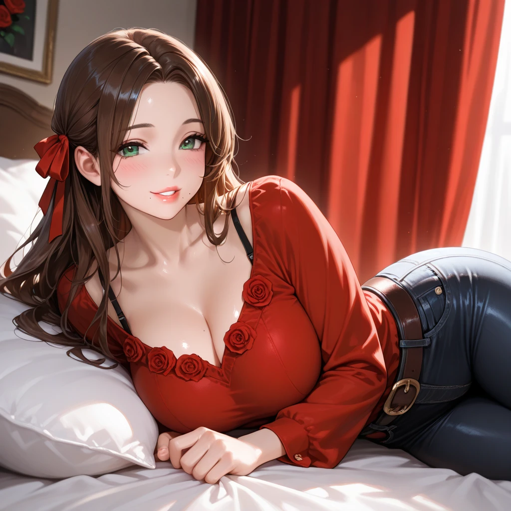 (best quality, highres), sexy woman, braided hair, closed eyes, parted lips, seductive smile, intense blush, off shoulder t shirt, bra strap visible, medium chest, cleavage, kneeling down on bed