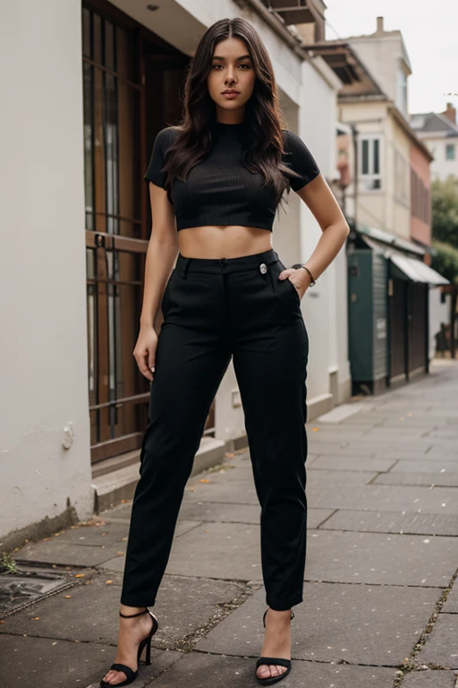 A woman in a black top and pants