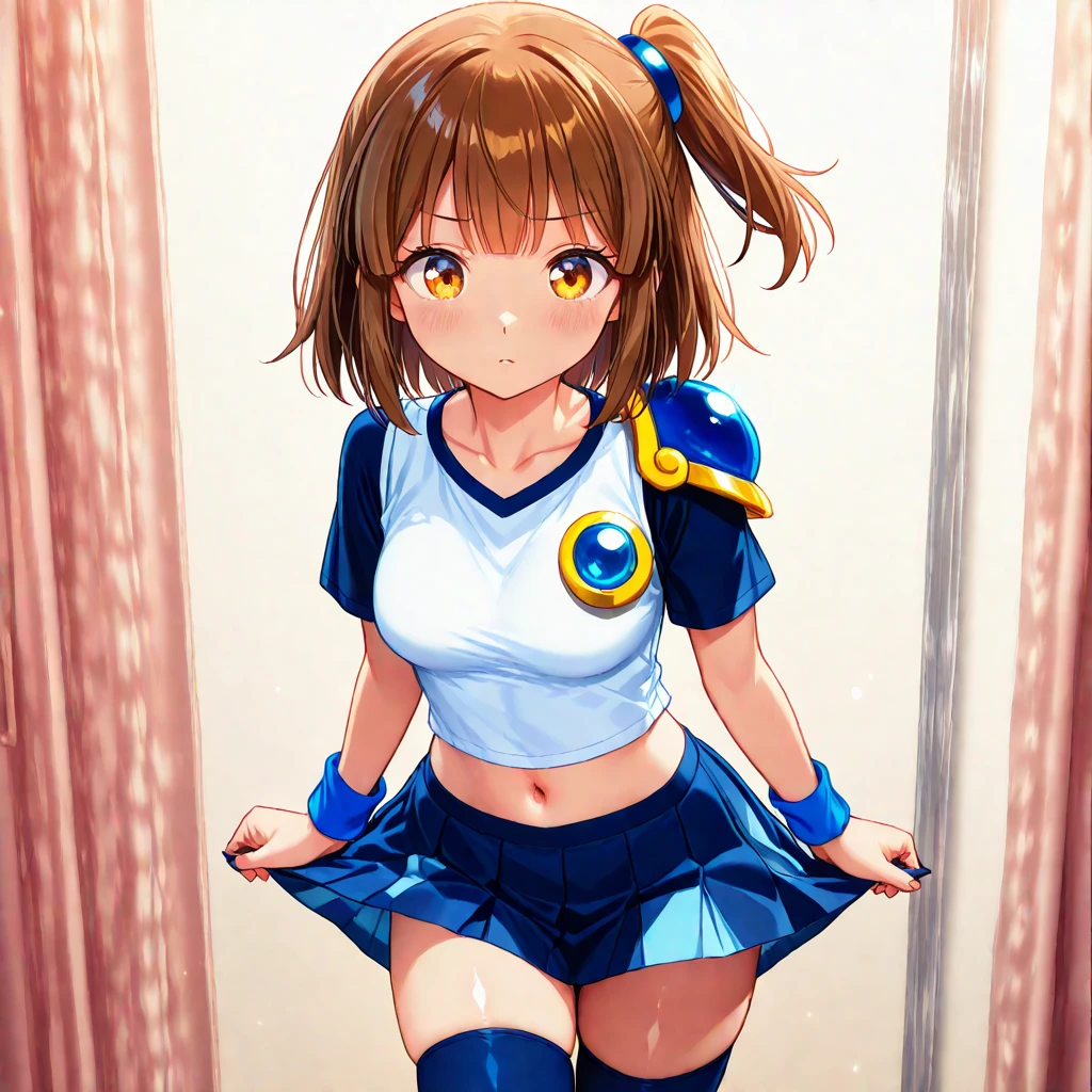 （（（ＳＦＷ、sound、Highest quality、first-clasasterpiece、Normal body、8K、Detailed face、Ultra-precision、Normal hand、Normal finger、５Finger、Highest）））、beautiful girl、Brown Hair、Bobcut、slender、low length、thin feet、arles、Puyo Puyo、Sorcerer、Blue shirt、White tank top、Tank top over shirt、Blue mini skirt、Half shoulder pad、Half Breastplate、blush、Dungeons、Sit down、Spread your legs、Ripped tank top、Torn shirt、Torn Skirt、Skirt flipped up、Open clothes、Pure white pants、A face melting with pleasure、Shy appearance、Feeling embarrassed