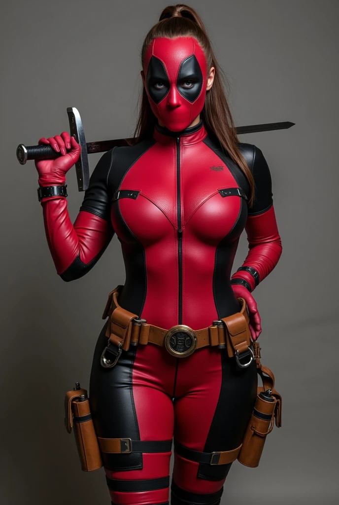 dressed like Deadpool (((full figure supermodel with long brunette hair big breasts in sexy Deadpool armor costume, visible full body shot))) (dynamic pose), (hyper realistic:1.4), (realistic:1.3), (best quality real texture skin), full body, (Cinematic Light), highly detailed skin, skin pores, (highly detailed face:1.1), (highly detailed eyes:1.1), realistic pupils, (perfect anatomy:1.1), (perfect proportions:1.1), (photography:1.1), (photorealistic:1.1), volumetric lighting, dynamic lighting, real shadows, (highres:1.1), sharp focus, daylight, (realistic, hyperrealistic:1.4), intricate, high detail, dramatic, subsurface scattering, big depth of field, vivid, polished, sharpened, ((full Sharp)), (extremely absurdres),8k hdr