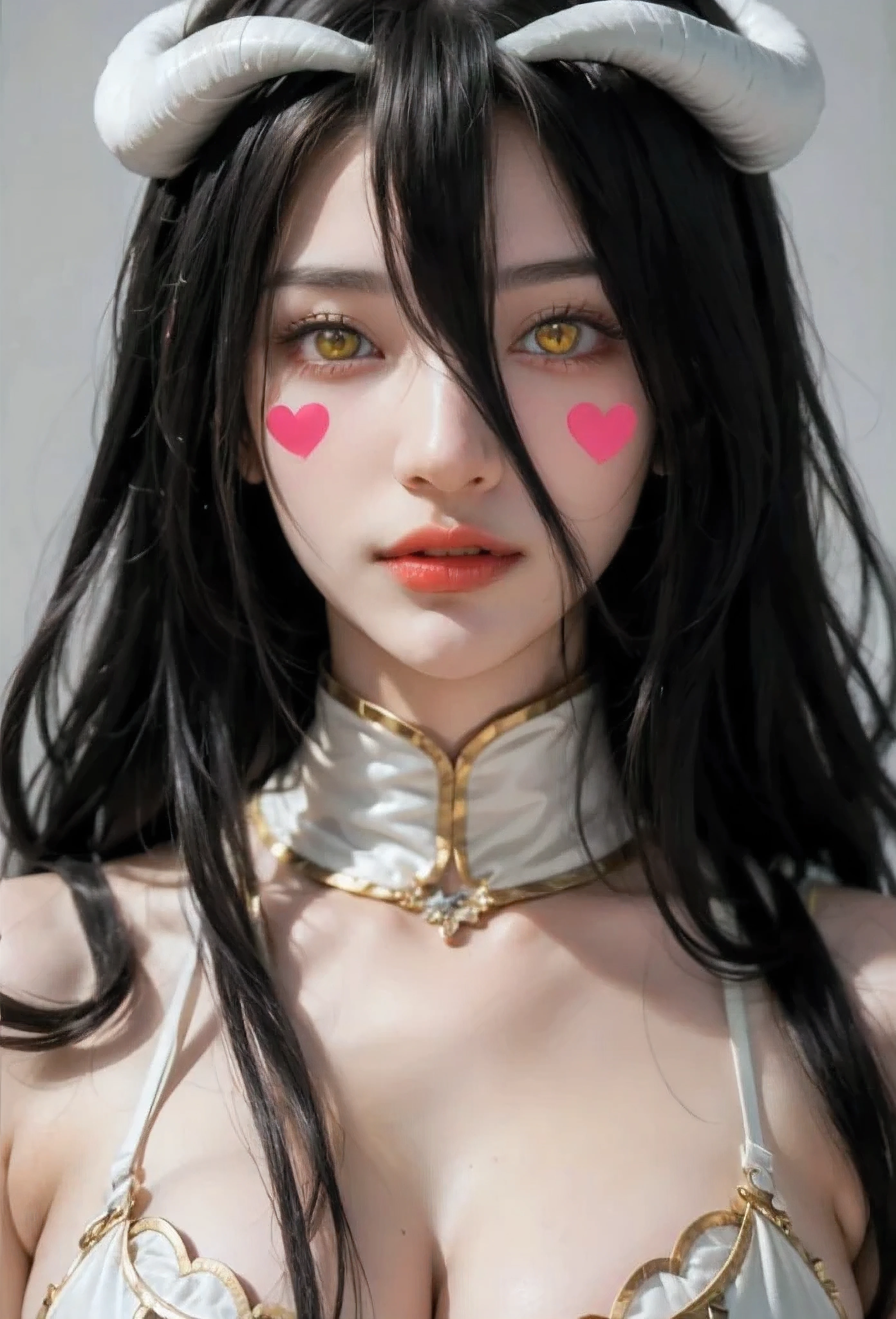 ( masterpiece , best quality ), 1 girl,2d, beautiful face, demon horns ,( long black hair ),( black hair)( black hair largo),( yellow eyes ),pesones with cold , HIGH QUALITY,ultra detailed , albedo,choke, long hair, big breasts , self-adhesive stickers for nipple heart-shaped lingerie, love tattoos on face