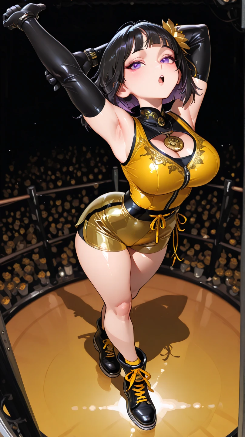 Slime girl, (slime), Slime hair Double buns hair style, Pumpkin Orange, weapon belt, Masterpiece, Best Quality, gigantic breasts, slime girl, slime girl, purple hair, lavender hair, yellow clothes, weapon belt around waistline, rifle, long rifle, AR-15 Rifle, assault rifle, exposed yellow bra, yellow clothing, wearing yellow clothing, fully body view, tight yellow dress, Rifle in hand, mature woman, gorgeous, perverted, sexy, yellow dress, exposed chest, exposed bra, exposed breast, black boots/heels, gold bracelets around wrist, holding rifle, aiming with rifle, tactical stance, tactical gear, sweaty body, long legs, tall woman, lustful yellow eyes, yellow lingerie
