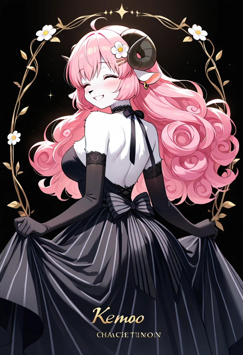 1girl, (furry, kemono:1.4), sheep girl, animal nose, sheep horns, pink hair, long hair, curly Hair, smile, hair_ornament, grin, closed_eyes, solo, gloves, blush, black_dress, elbow_gloves, hair_flower, jewelry, striped, white_background, from_behind, flower, bare_shoulders, earrings, black_gloves, backless_dress, character_name, bow, standing, backless_outfit, bare_back, long_dress, sleeveless_dress, choker, simple_background, facing_viewer, looking_back, vertical_stripes, detached_sleeves, breasts, bangs, sleeveless, long_sleeves, shoulder_blades, shiny, :d, strapless_dress, full_body, white_flower, ribbon, shiny_hair, skirt_hold, teeth, masterpiece, best quality, very aesthetic, absurdres