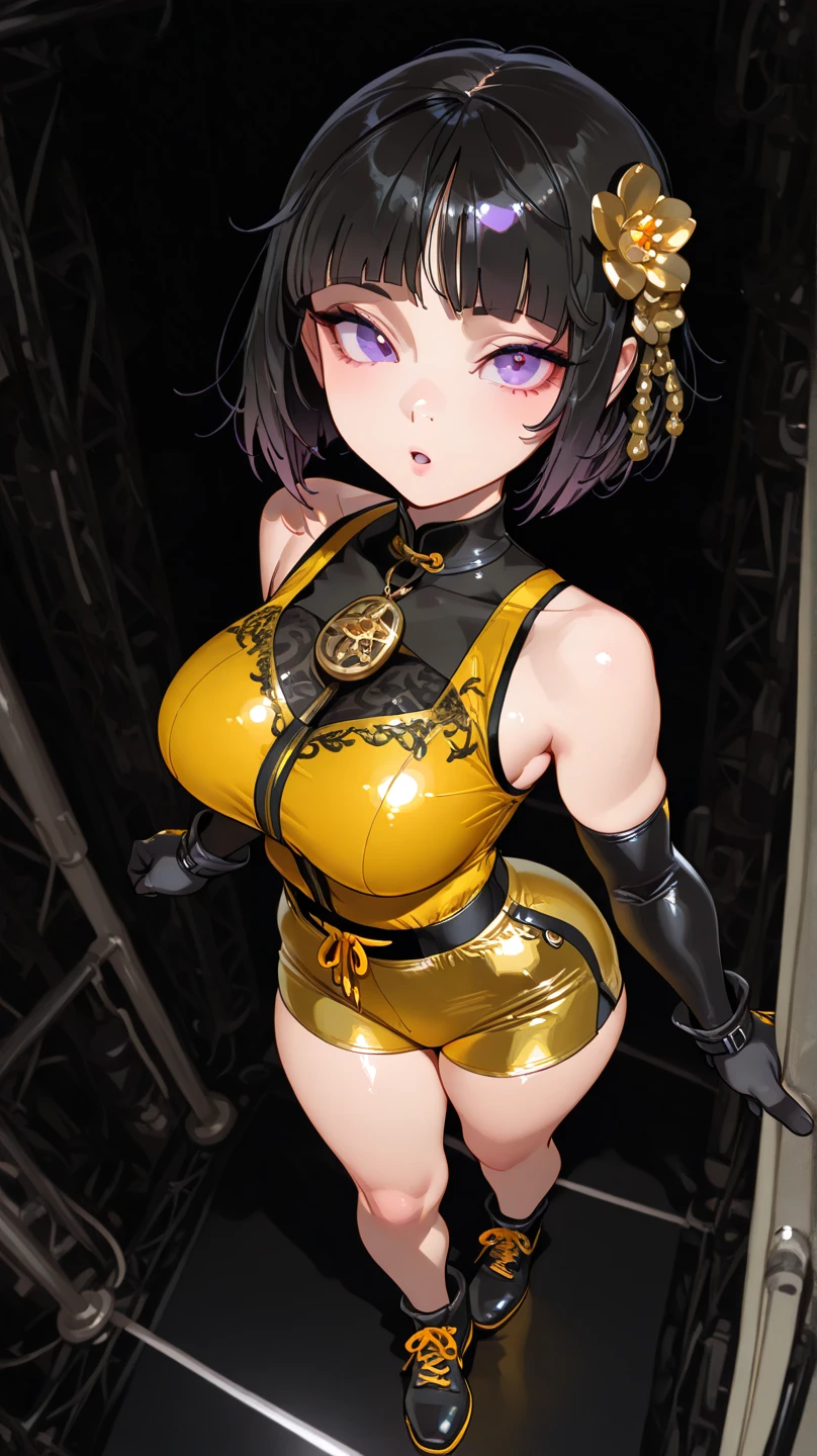 (((masterpiece, Highest quality))), (((8K))),(((Very detailed))),(((White background))),(light up), 1 female,(((Open Back))),(Top Bust:1.5),Attention to detail、Beautiful attention to detail、(((Hair Ribbon:0.4)))、(Neon Hair)、(((Yellow Eyes)))、(((Black Hair)))、(((Turn your back to your audience)))、