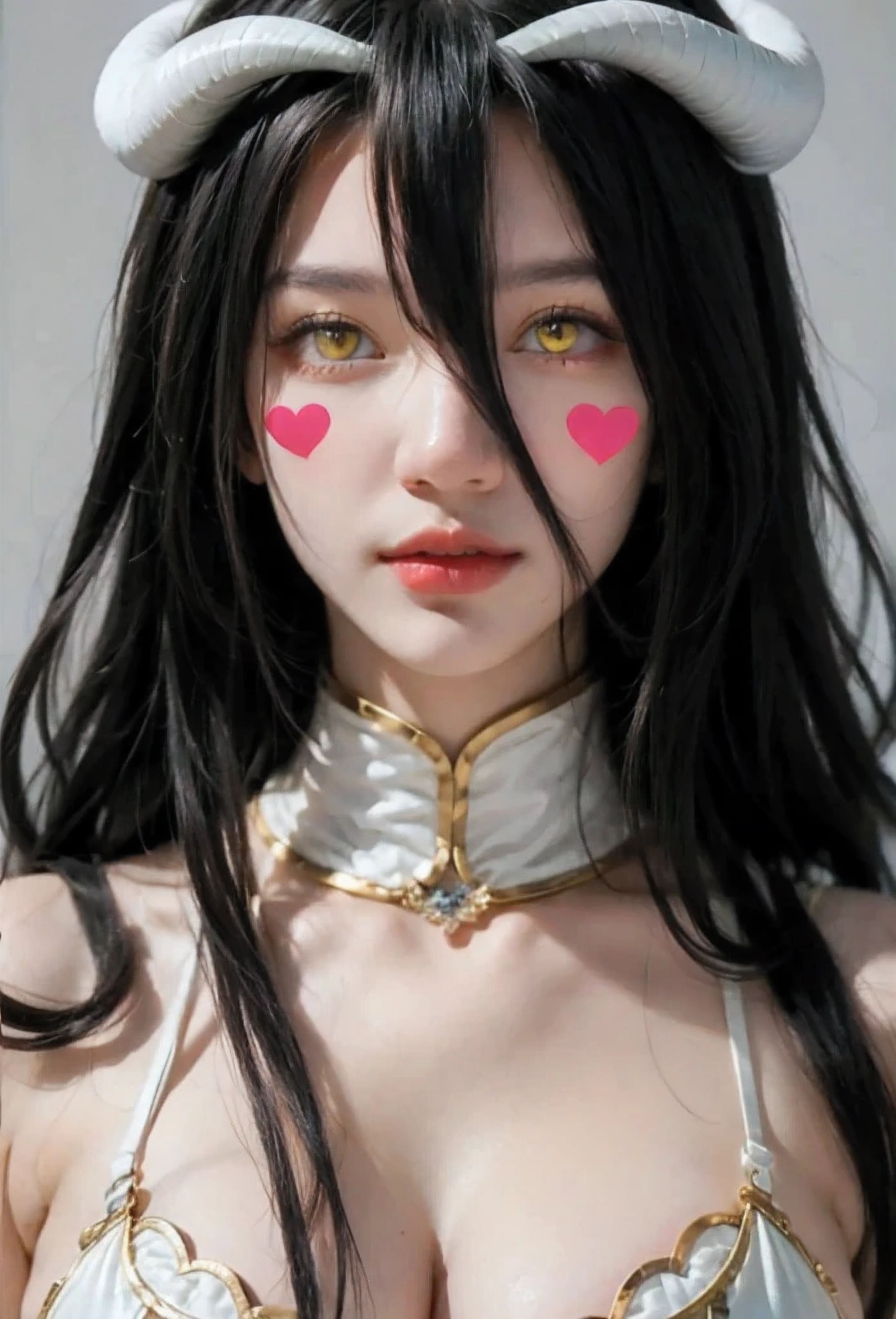( masterpiece , best quality ), 1 girl,2d, beautiful face, demon horns ,( long black hair ),( black hair)( black hair largo),( yellow eyes ),pesones with cold , HIGH QUALITY,ultra detailed , albedo,choke, long hair, big breasts , self-adhesive stickers for nipple heart-shaped lingerie, love tattoos on face