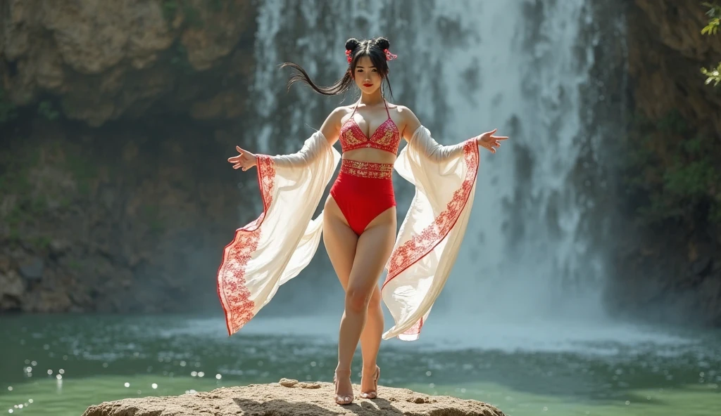 Beautiful Asian Woman, Red Lips, Thick Long Hair, Red Micro Bikini, G String Bikini, Big Breast, Curve Hourglass , Red High Heels, Exciting Action Shot, Combat, Highly Detailed, Explosive, Action