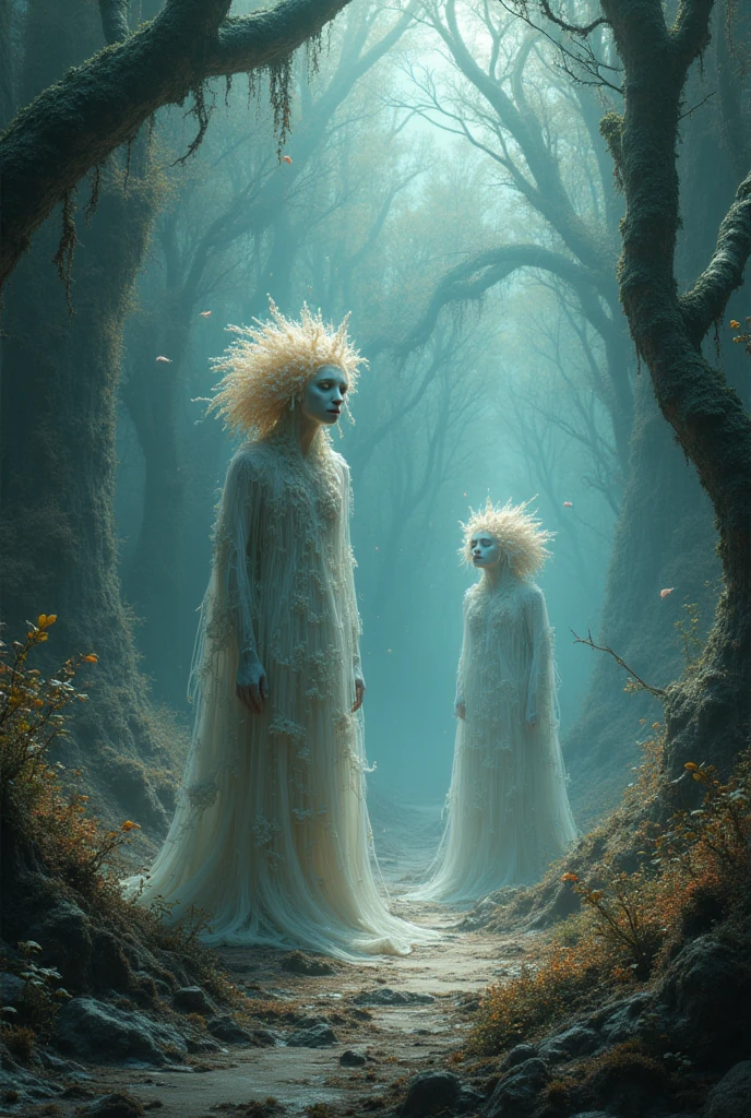 classic ghost, white translucent female, entangled in tree branches, twilight