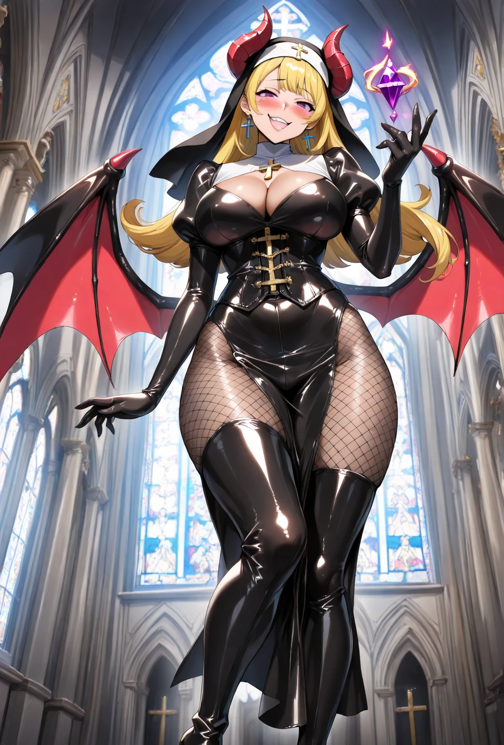 1girl, blonde hair, bondage, nun, black silk, big breasts, big demon spreading wings, demon horn, big sword, looking at the sunset in the distance