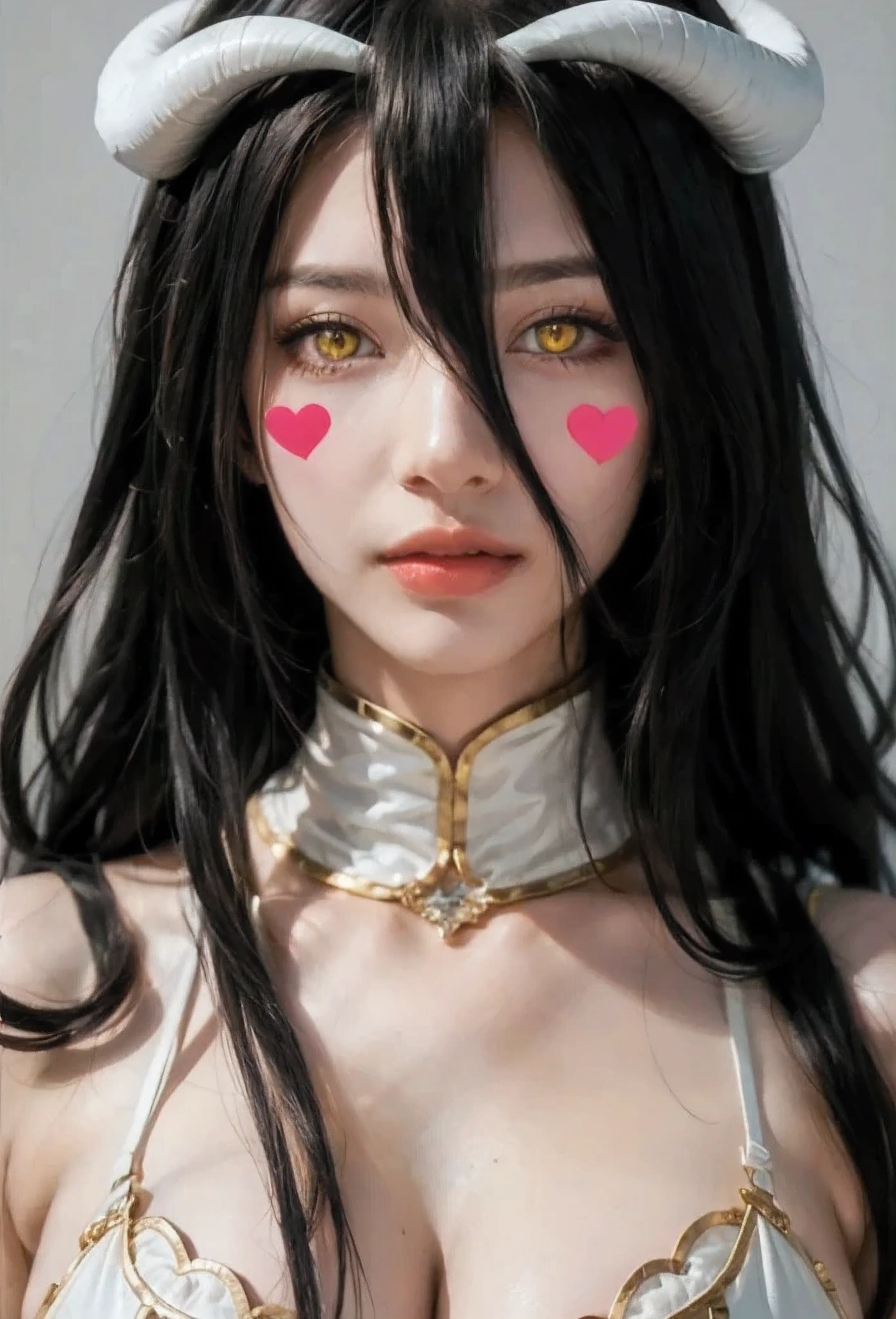 ( masterpiece , best quality ), 1 girl,2d, beautiful face, demon horns ,( long black hair ),( black hair)( black hair largo),( yellow eyes ),pesones with cold , HIGH QUALITY,ultra detailed , albedo,choke, long hair, big breasts , self-adhesive stickers for nipple heart-shaped lingerie, love tattoos on face