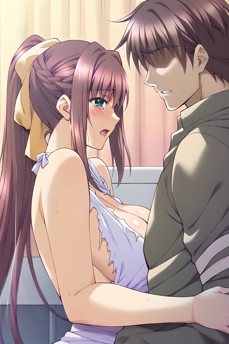 Naked anime girl spreads her legs in front of a boy