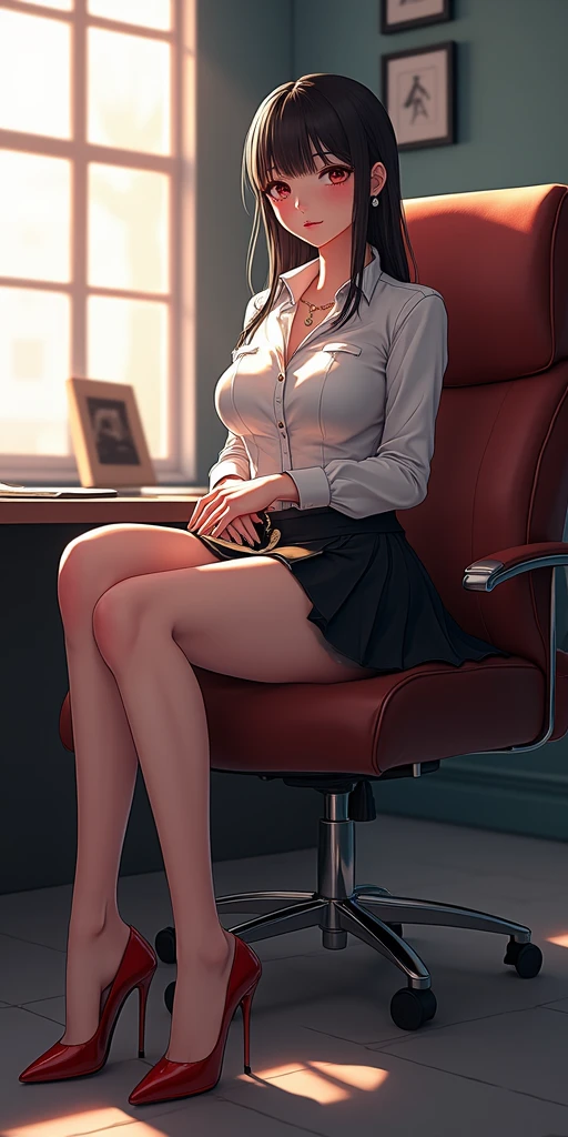 Super realistic and detailed sexy professor , Sitting at the table with shirt open , Glasses crossed legs high heels ,Legs open