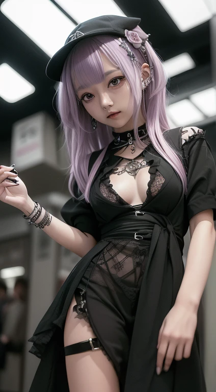 Girl with gothic net symbolic clothes, 。.com (Barbed wire of the body) pink color hair,Gray hair ends, big boobs, fashionista, jru852fj0&$