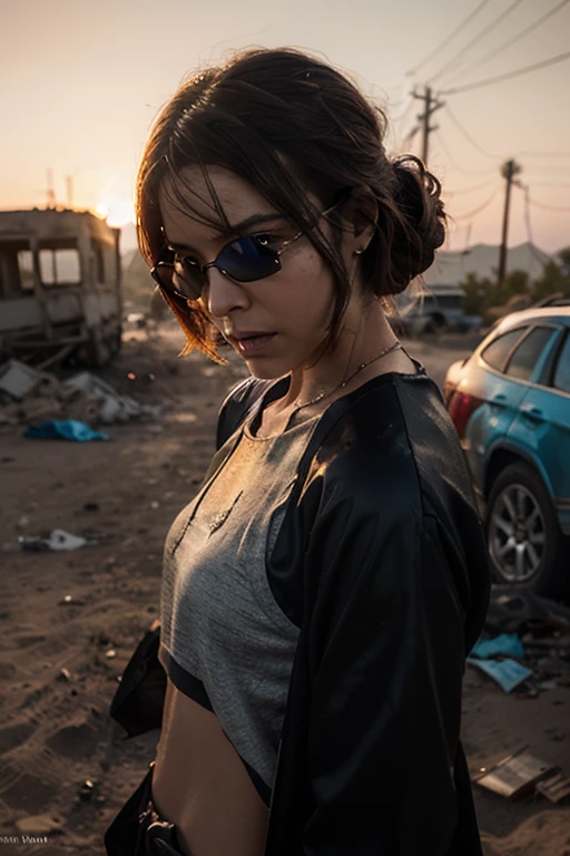 A photorealistic picture, best quality, realistic, full body portrait, real picture, enhanced details, depth of field, post-apocalyptic wasteland, destroyed city, ruins, trash, wrecked cars, graffiti, woman, dressed in old worn clothes, scarf on her head and neck, sunglasses, tattoo on her arm and neck, lots of details, automatic weapon. real face, real silhouette, Fujifilm XT3, outdoors, morning, nice lighting, dynamic, RAW, 8k, uhd, film grain, bokeh. incrase details to the city and the environment,, the signs of decay and destruction, the vegetation and wildlife, the weather and the sky, the mood and atmosphere,