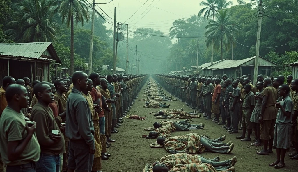 Create a powerful and somber image depicting the aftermath of a tragic event in a village setting. In the foreground, show the bodies of a hundred slaves lying on the ground, their expressions conveying the suffering they endured. The scene is heart-wrenching, with some of the bodies still holding onto each other, suggesting a desperate attempt to protect one another in their final moments.
In the background, a small, dilapidated village can be seen, its huts and simple structures contrasting with the brutality of the scene. Nearby, soldiers stand with a mix of indifference and cold authority, their weapons still in hand. The sky above is overcast, casting a muted light over the scene, enhancing the atmosphere of tragedy and loss. The image should evoke a deep sense of sorrow and the harsh realities of oppression.