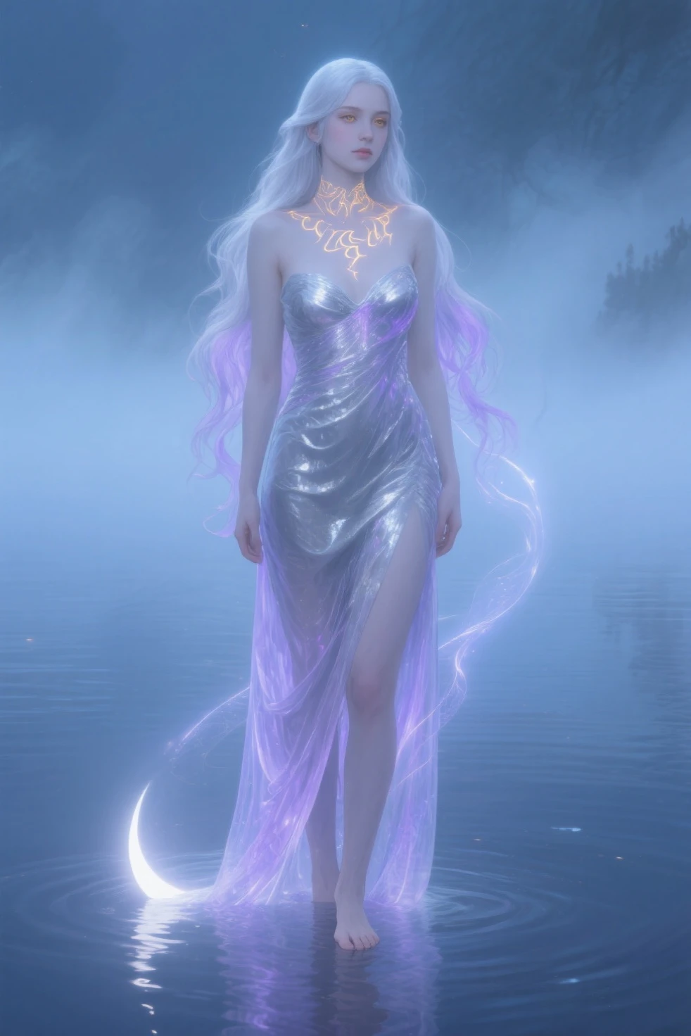 ultra realistic digital oil painting3D, a woman, snowflakes and purple-silver aura glowing out from her body, dancing on the The stone floor is carved with a giant lotus-pattern, is now surrounded by intense huge purplegold-flames glowing on floor, dynamic movement, background is mist mountain, masterpiece,fantasy art,UHD 64k high resolution,intricate detail