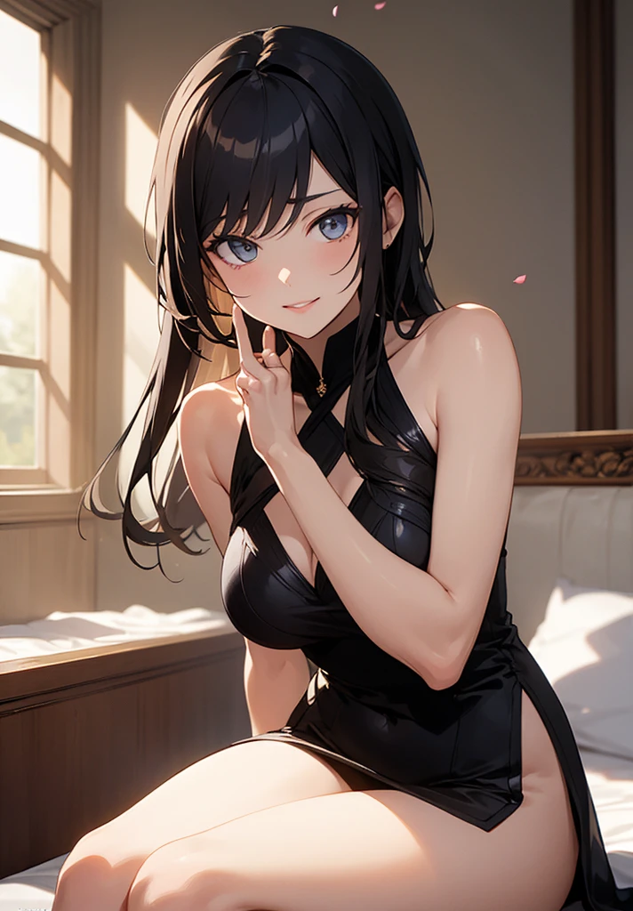 ultra-quality, ultla highres, Hyper Detailed, High contrast, Ultrafine Strike, creative refinement,A dark-haired,ssmile,Show cleavage,livingroom,5 fingers