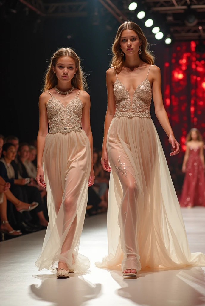 Extremely detailed mother and her little daughter wearing Dior clothes walking in a real life fashion show