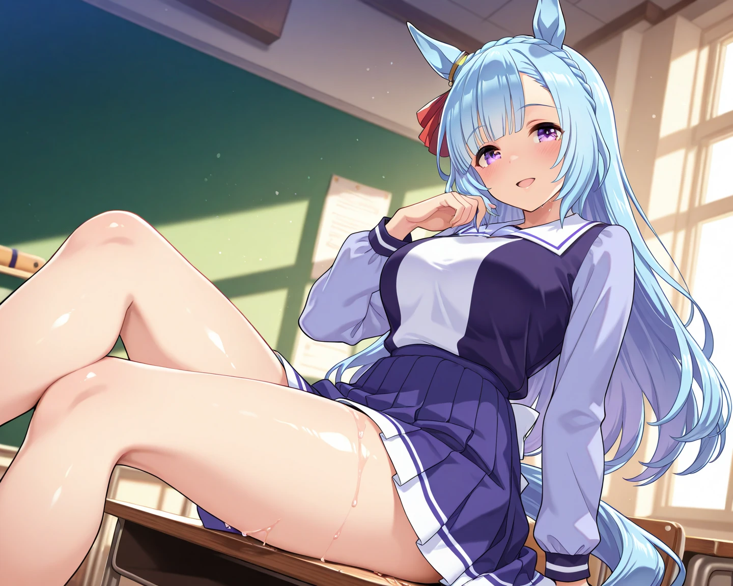 (masterpiece),(((perfect anatomy))),high quality,best quality,8k,super fine illustration,ultra detailed,extremely detailed eyes,extremely detailed body,extremely detailed finger, age of 10, small breasts, from front, animal ears, white panties, (intricate panties:1.4), green check skirt, wind, classroom, surprised, blushing cheek, nsfw, wet,