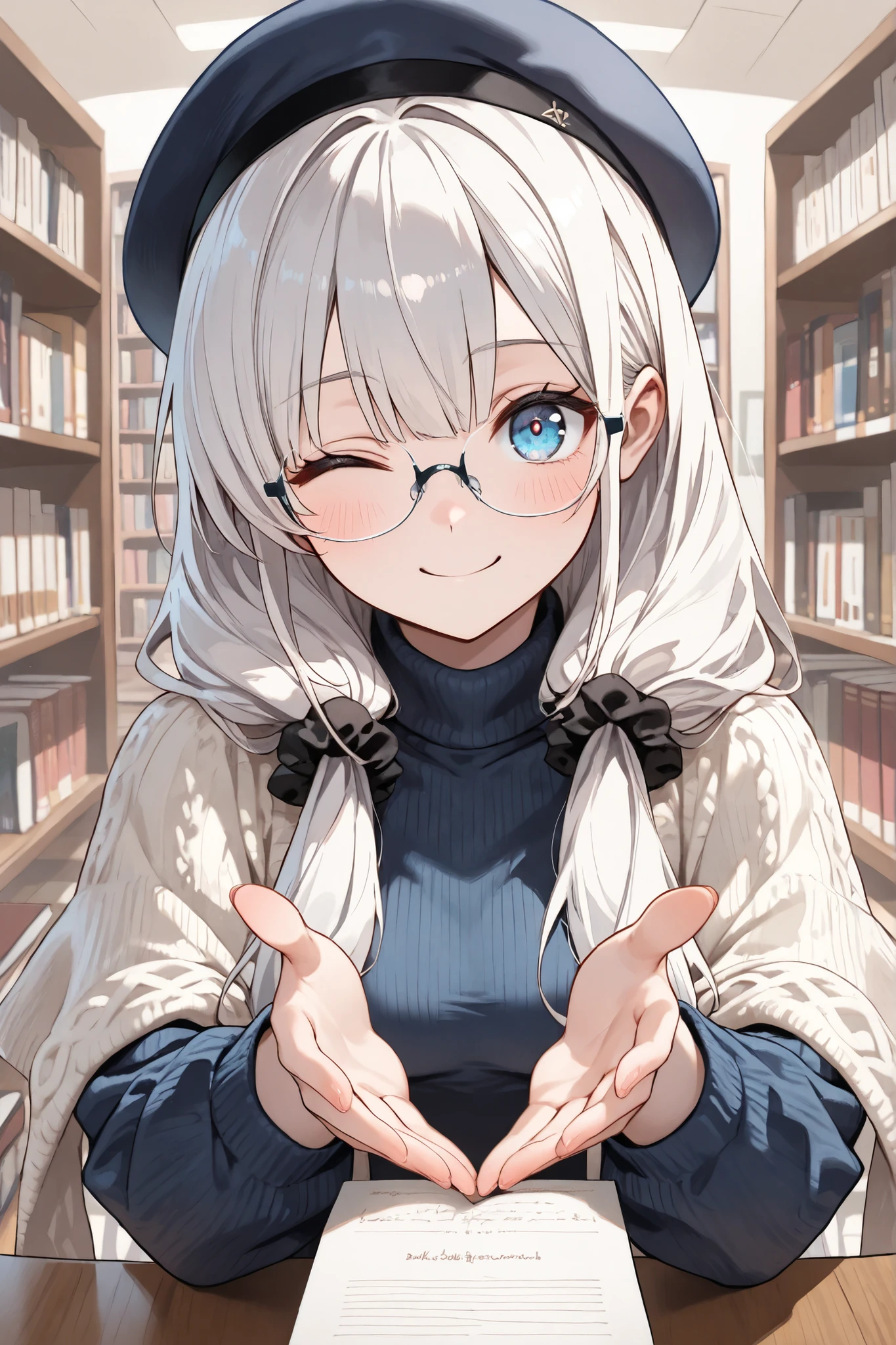 ((Masterpiece)),((best quality)),((incredibly absurdres)),((8K)),
1 girl,cartoonist,solo,younger,kawaii,white hair,long hair,straight hair,low-tied long hair,hair over shoulder,blue eyes,small breasts,baby face,big eyes,slender fingers,BREAK,
((black eyewear)),(square grasses),turtleneck,navy (Rimless beret,felt beret,knit beret,beret chobo),wearing white stole,black scrunchie)BREAK,
smile,one eye closed,look at viewer,BREAK,
uses both hands to square cardboard for viewer,holding square cardboard,reaching towards viewer,hands up,BREAK, 
bookstore,bookshelf,book stack,soft light,BREAK,
foreshortening,from front,upper body,BREAK,