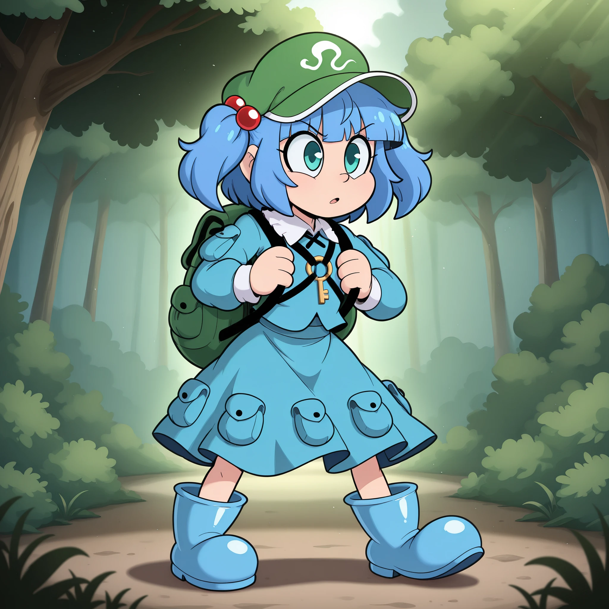 masterpiece, best quality, Rubberhose, toon \(style\) kawashiro nitori, 1girl, solo, aqua eyes, blue hair, short hair, two side up, twintails, hair bobbles,
key, green headwear, flat cap, long sleeves, backpack, blue shirt, blue skirt, skirt set, blue footwear, rubber boots, pocket,