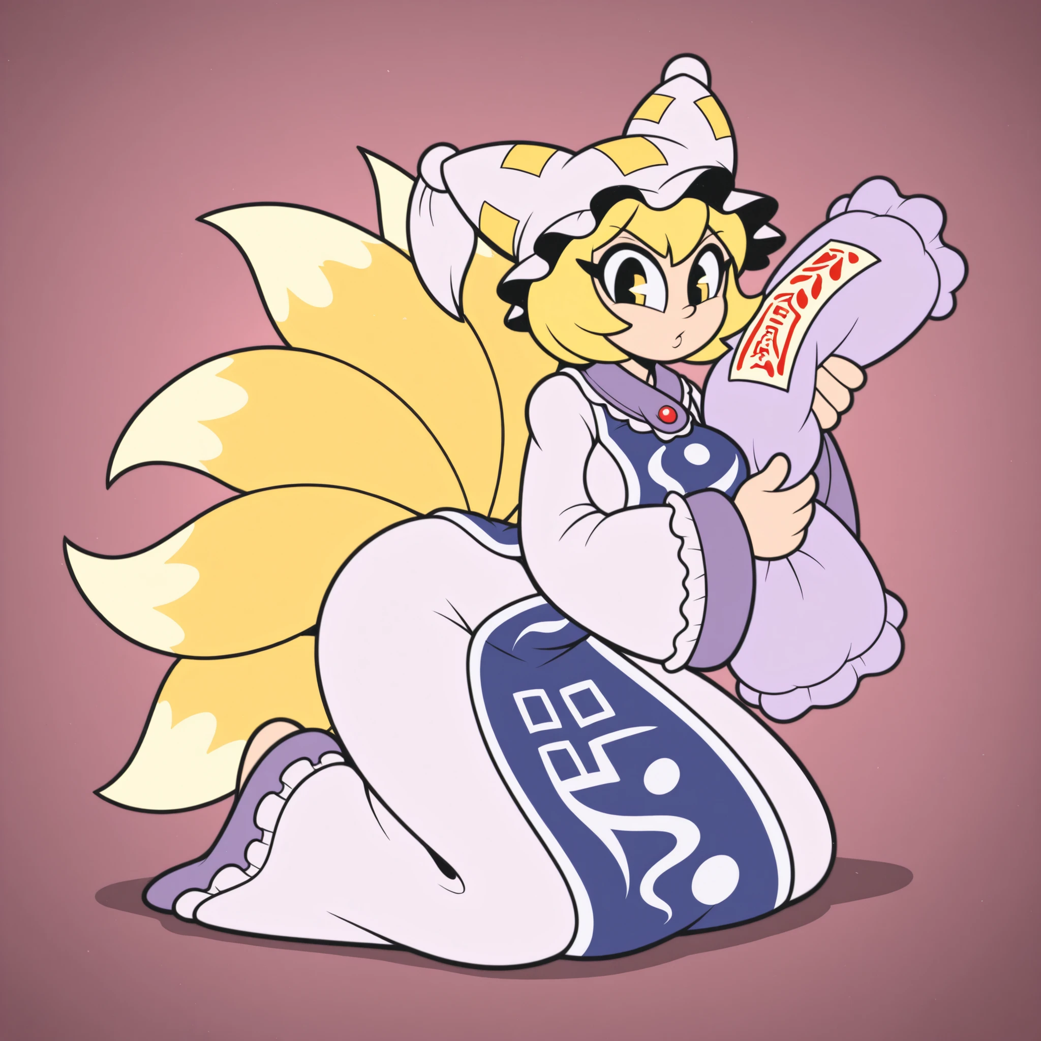 masterpiece, best quality, Rubberhose, toon \(style\) yakumo ran, 1girl, yellow eyes, short hair, blonde hair, multiple tails, fox tail, fox ears
pillow hat, white headwear, ofuda, tabard, white dress, long dress, frills, long sleeves, wide sleeve 