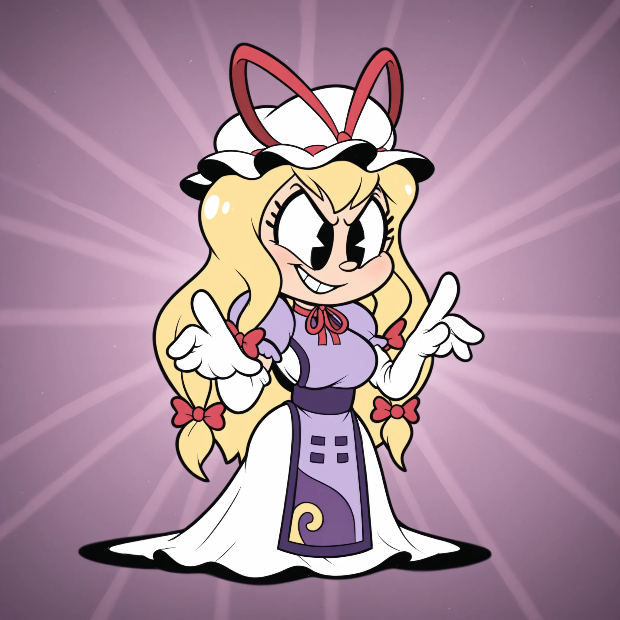 masterpiece, best quality, Rubberhose, toon \(style\) THYukari, mob cap, long blonde hair, hair ribbon, elbow gloves,
purple dress, ribbon choker,
white dress, purple tabard,