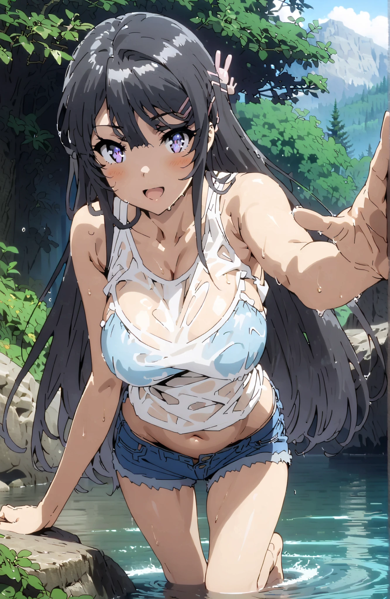 Mai Sakurajima, solo,long hair, Bang, black hair, hair ornament, purple eyes in gla, hair clip, rabbit hair ornament,Big Breasts,smile,blush,open your mouth,standing,tank top,tank topの裾を縛る,belly button out,denim micro shorts,Bare legs,Glowing Skin,see through,wet hair,wet clothes,wet skin,river遊び, playing in the water,river,forest,Mountain,Submersion,scatters,full bodyがイラストに入るように,in their 40s looking at viewer,full body,
in their 40s outdoors,nature,
in their 40s (masterpiece:1.2), best quality, high res, Unity 8Kの壁紙, ( 's art :0.8), (beautiful detailed eyes:1.6), very detailed face, perfect lighting, very detailed CG, (perfect hand in h, Perfect Anatomy),