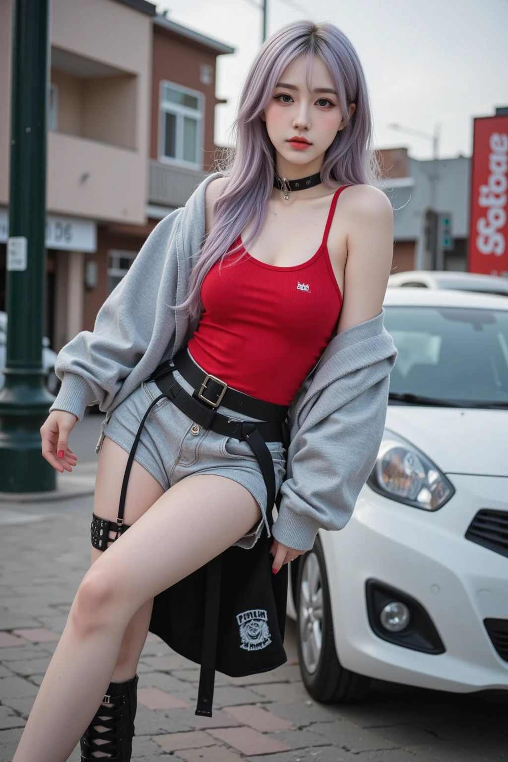 One girl, Gray Hair, Long Hair, Techwear masterpiece, highest quality, Realistic, realism, Dark purple jacket, Portraiture, Fine grain, Wearing the headset, Platinum Hair, 21 year old girl, Fashion pose, Half Body, Wide shot, on the road, cyber punk, (((He has many tattoos all over his body)), (((Tight waist))), ((Big Breasts)),(See-through),panties