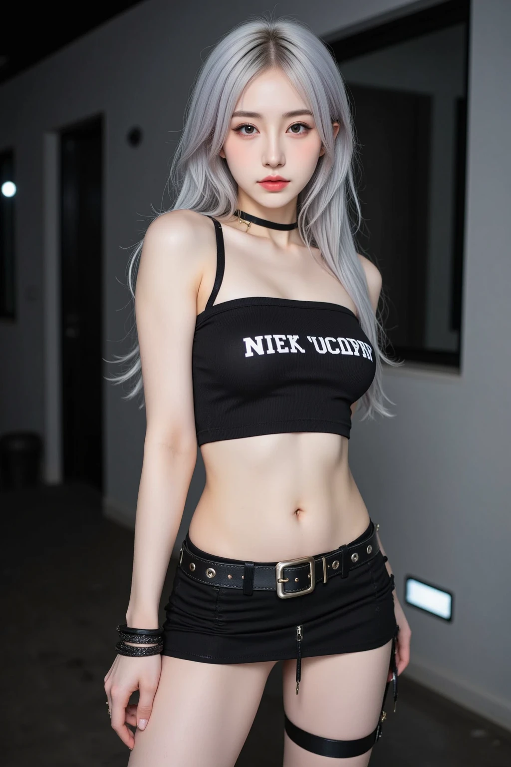 Beautiful woman with perfect body：1.4，Prominent cleavage，Layered Hairstyle，Highly detailed face and skin textures，Double eyelids，Skin Whitening，Long hair，Whitened long legs，（Cat ear、Black tube top、Black leather skirt）