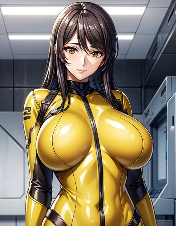 professional artwork, Intricate Details, field of view, sharp focus, detailed painting, photorealistic lighting, trending on pixiv, (masterpiece:1.0),(best_quality:1.0), ultra high res,4K,ultra-detailed, photography, 8K, HDR, highres, absurdres:1.2, Kodak portra 400, film grain, blurry background, bokeh:1.2, lens flare, (vibrant_color:1.2),
(Annerose:1), 1girl, female mature, (black hair:1.4), long hair, yellow eyes, large breasts, top bodysuit, shiny clothes, skin tight, hair intakes, covered breasts, pose invited, looking at viewer, sideboobs, happy, smirk, short pants,
simple plain white background, (solo:1.5),