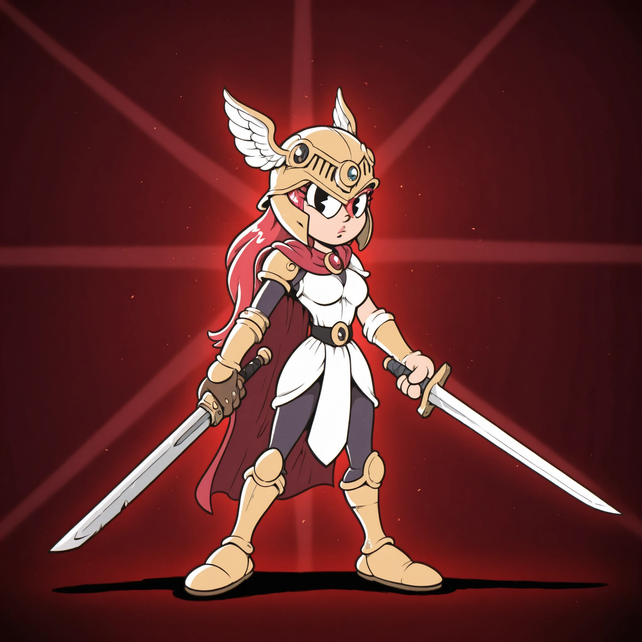 masterpiece, best quality, Rubberhose, toon \(style\) a woman with red hair, winged helmet, sword, red cape 