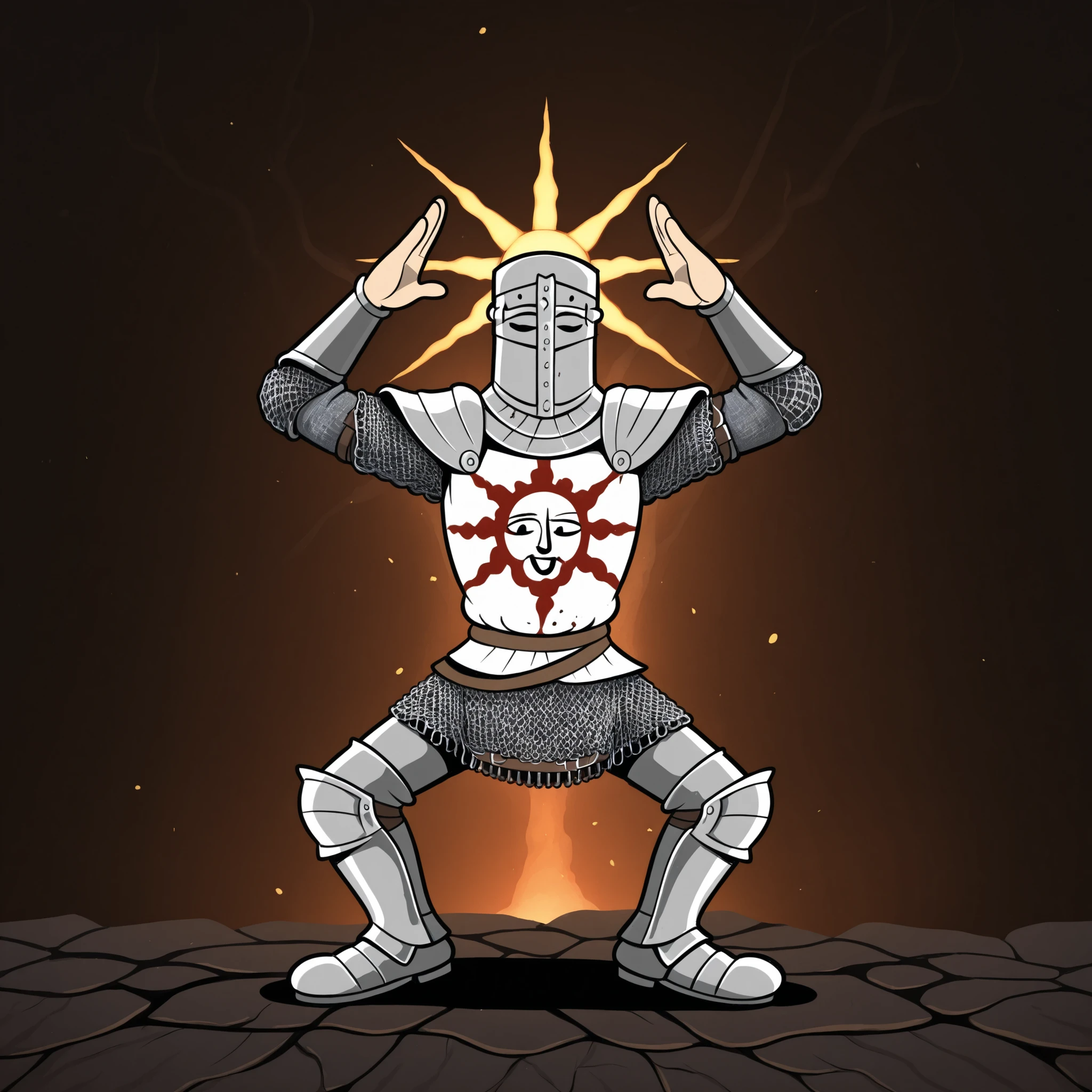 masterpiece, best quality, Rubberhose, toon \(style\) solaire dark souls chainmail armor knight male
praise_the_sun pose 